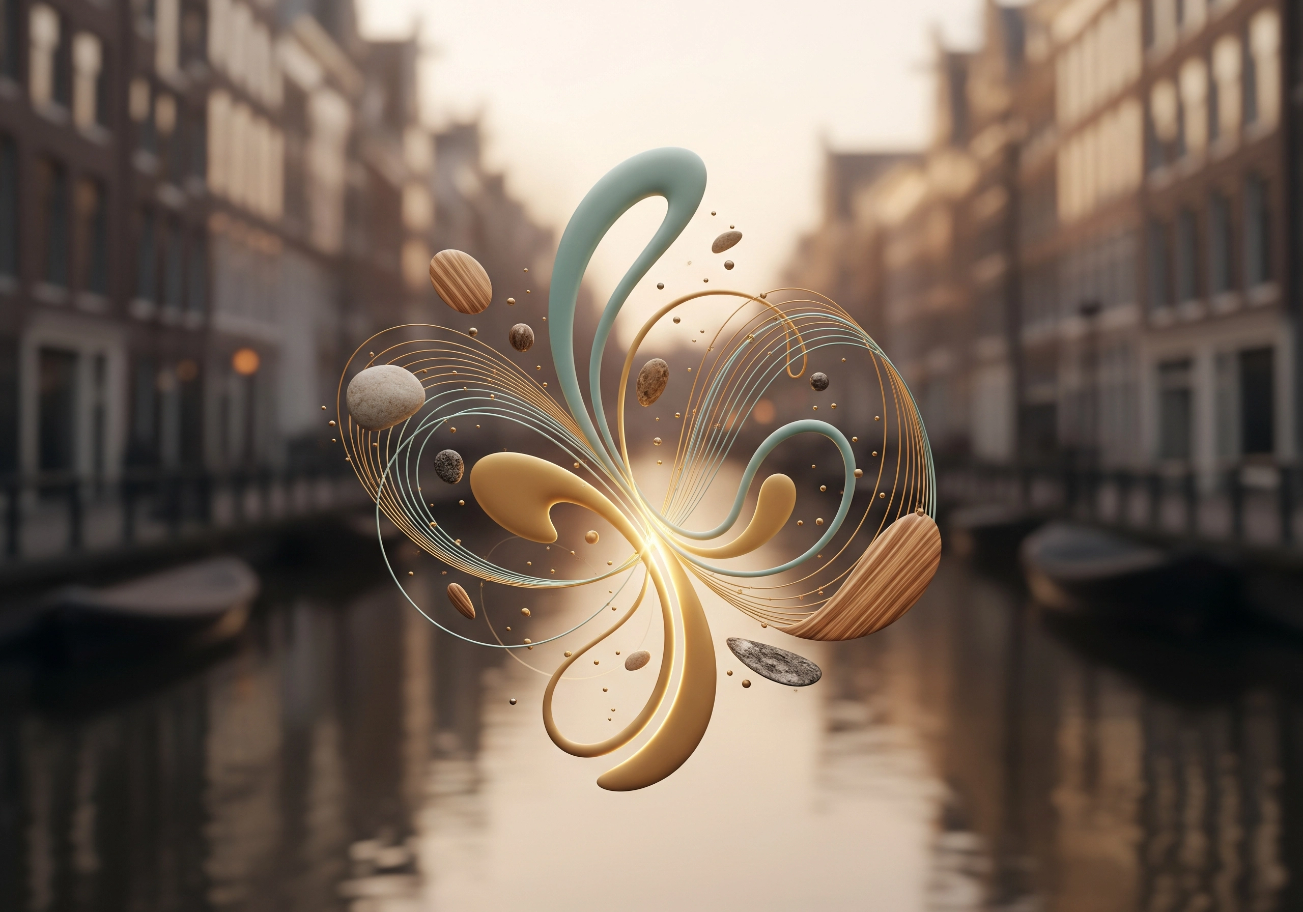 Abstract art floats above canal in blurred Amsterdam cityscape.