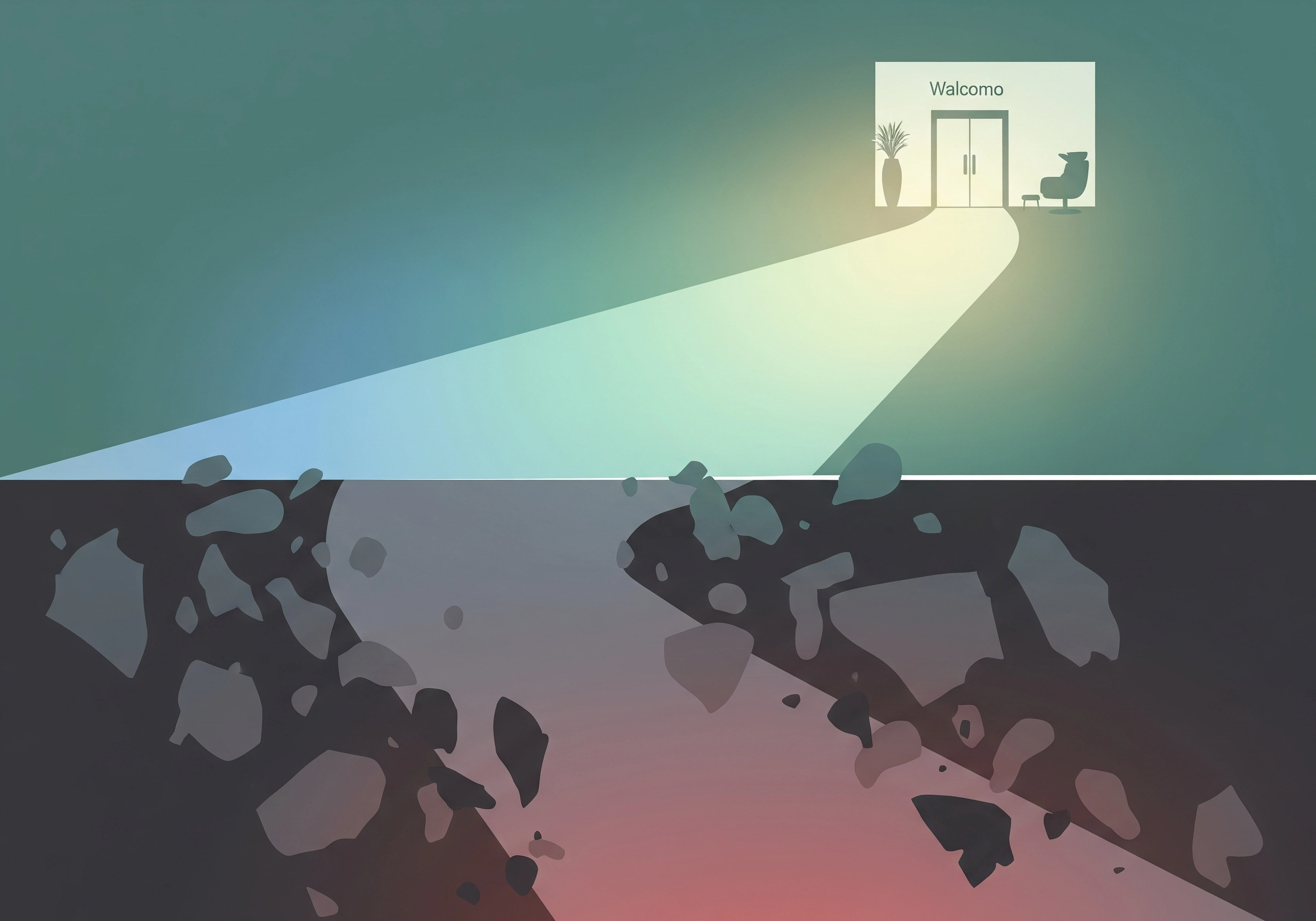 Abstract image of a doorway with light above a dark, cavernous space.