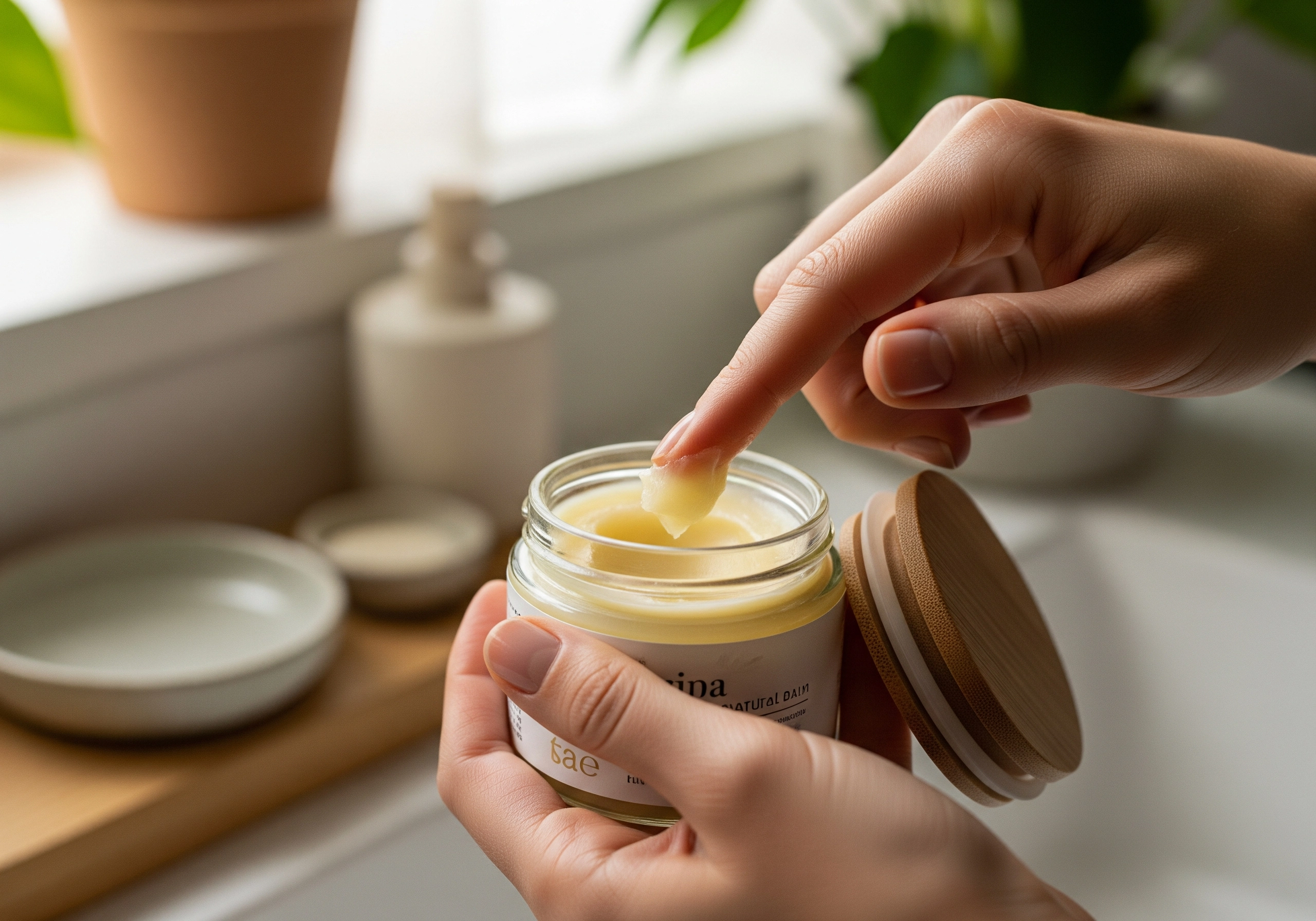 Hands applying beauty treatment from a jar, part of an Amsterdam beauty care routine.