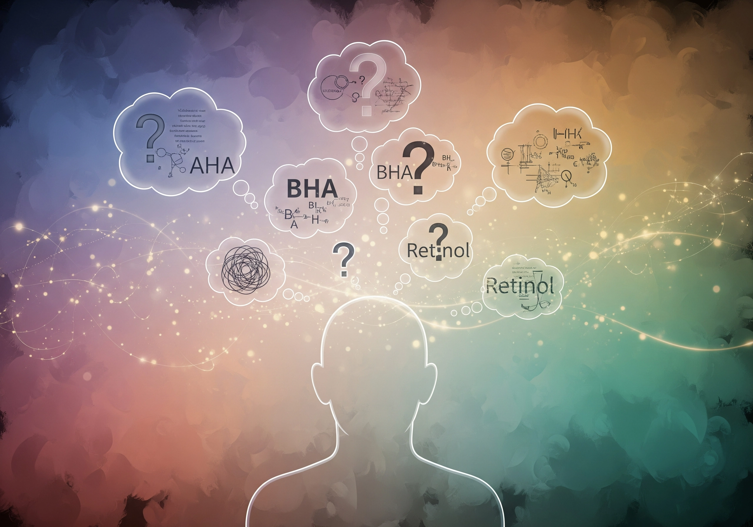 Abstract skincare concept art with a silhouette surrounded by AHA, BHA, and Retinol bubbles.