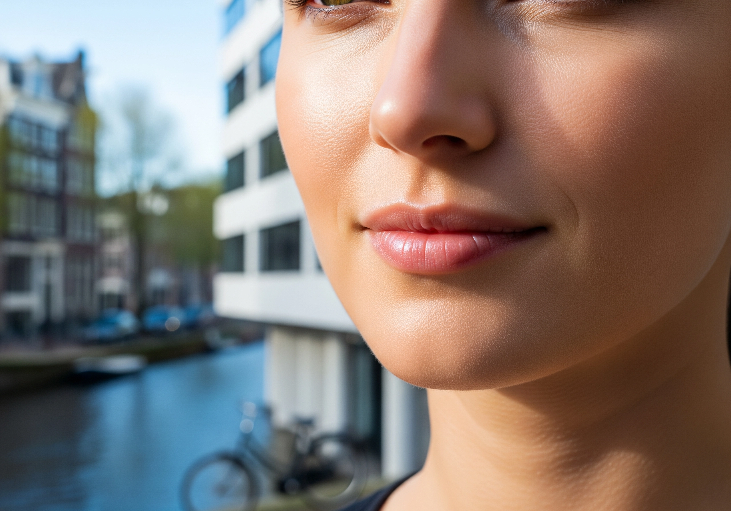Close-up of a woman's face, possibly after skin rejuvenation Amsterdam treatment, with canal view.