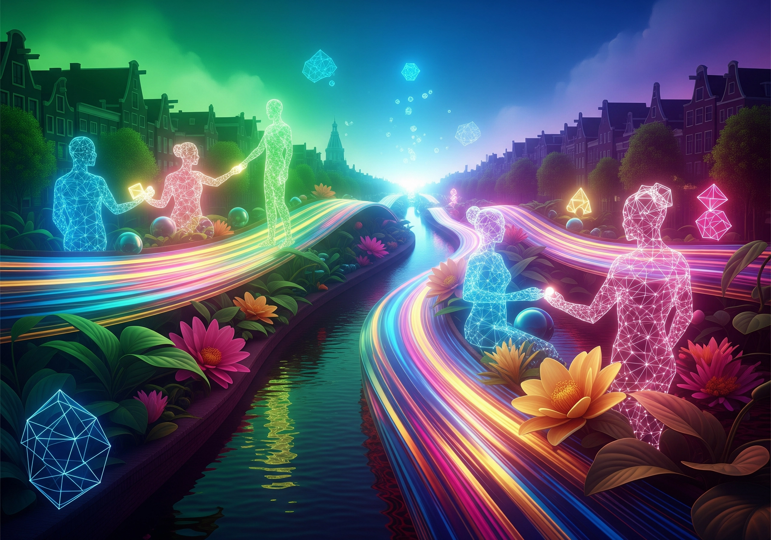 Colorful digital figures along an Amsterdam canal, representing beauty services