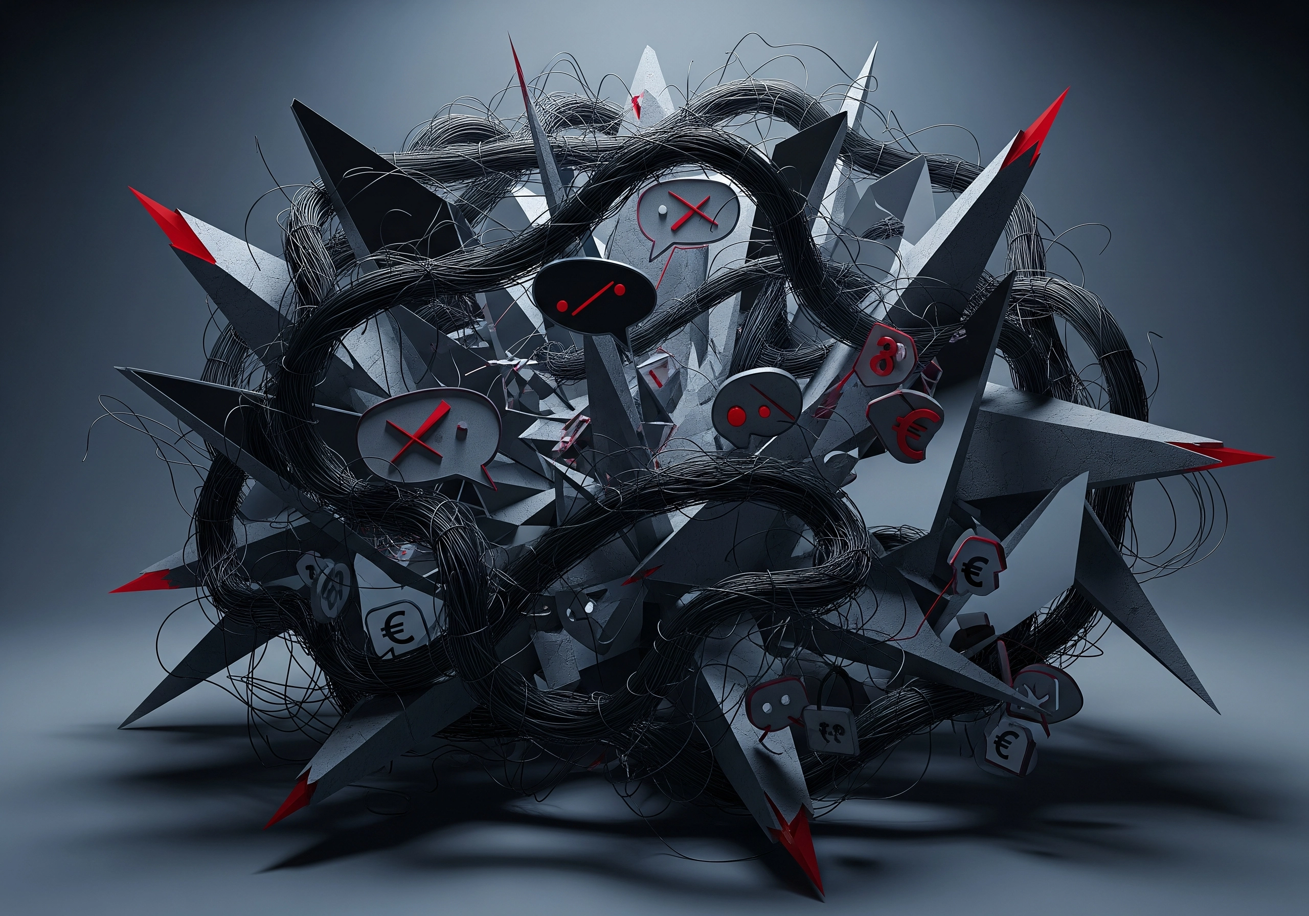 Abstract sphere of gray geometric shapes, dark wire, and red accents.