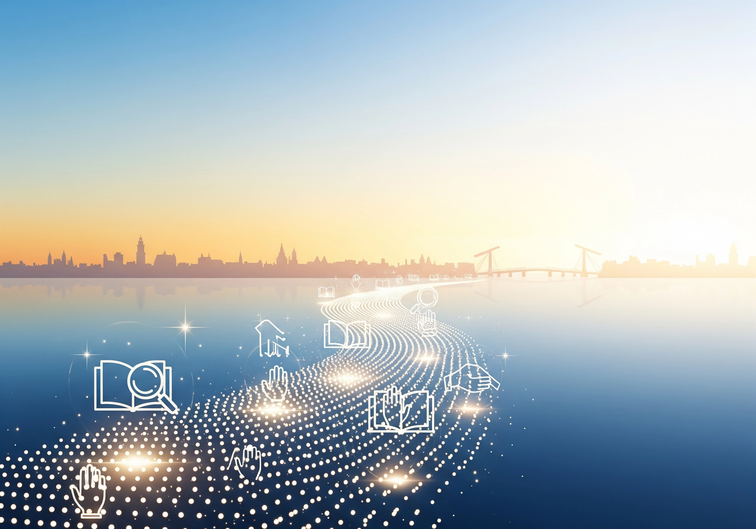 Amsterdam skyline at sunrise with digital pathway and learning icons.