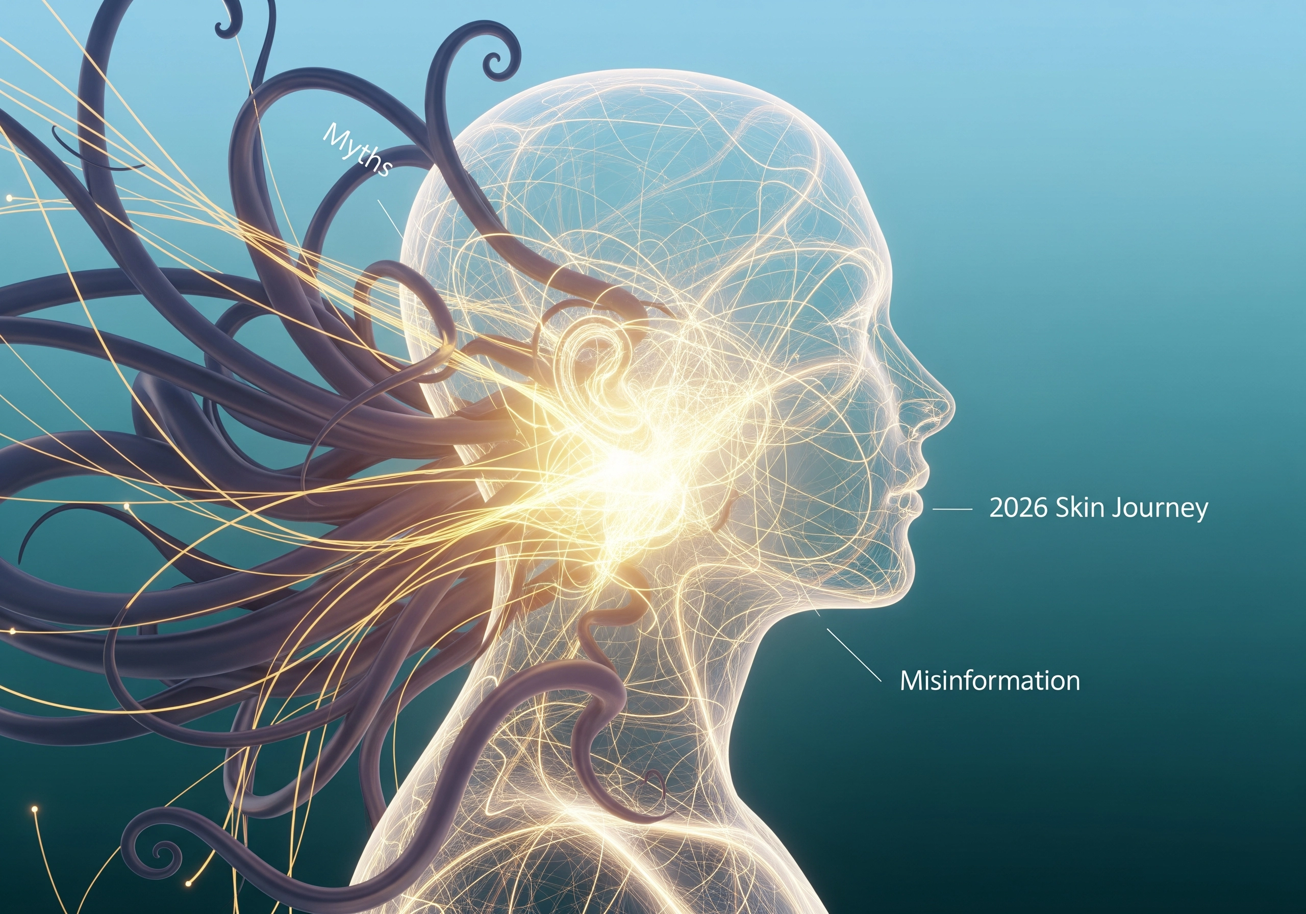 Abstract head with tendrils labeled 'myths' and 'misinformation' for a 2026 skin journey.