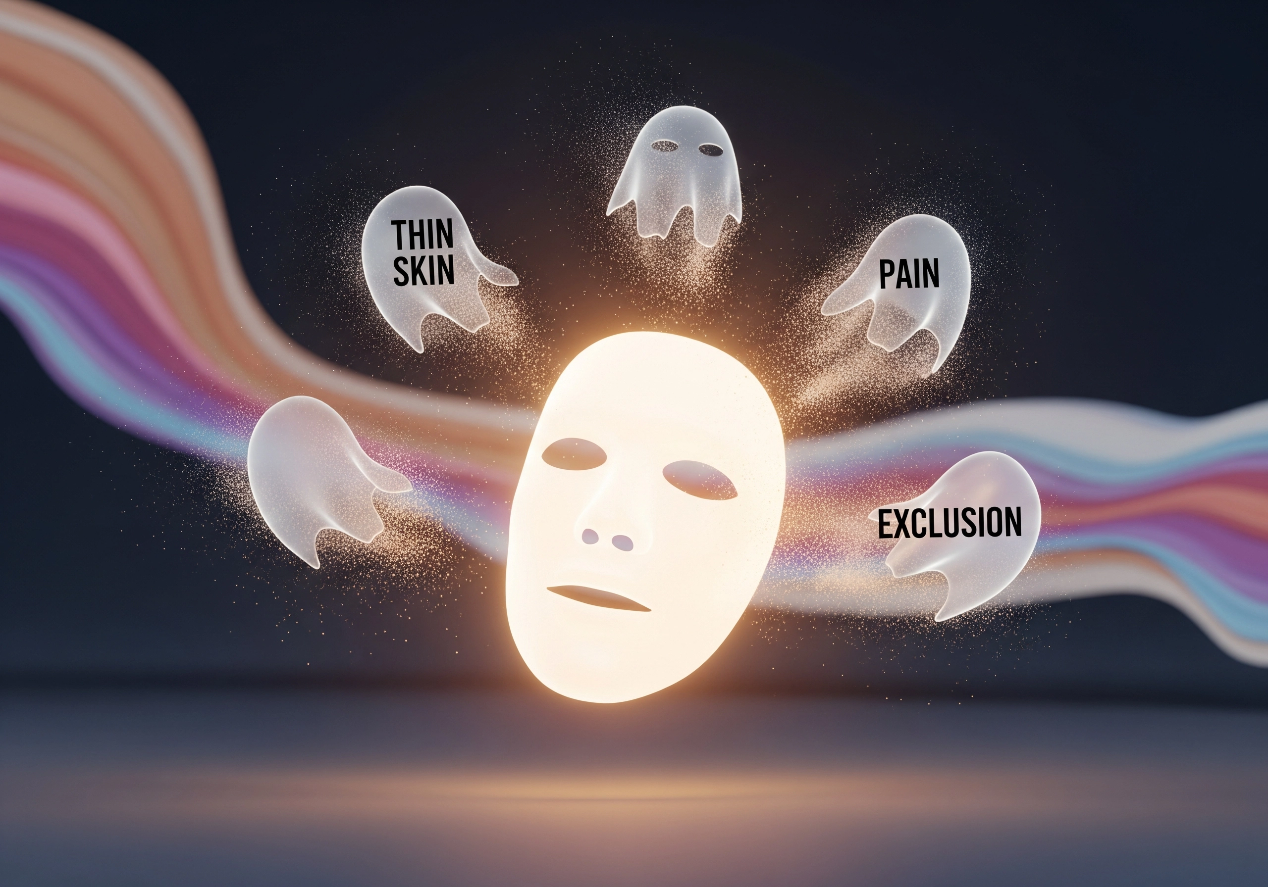 Glowing face mask surrounded by ghostly figures labeled 'thin skin,' 'pain,' and 'exclusion'.