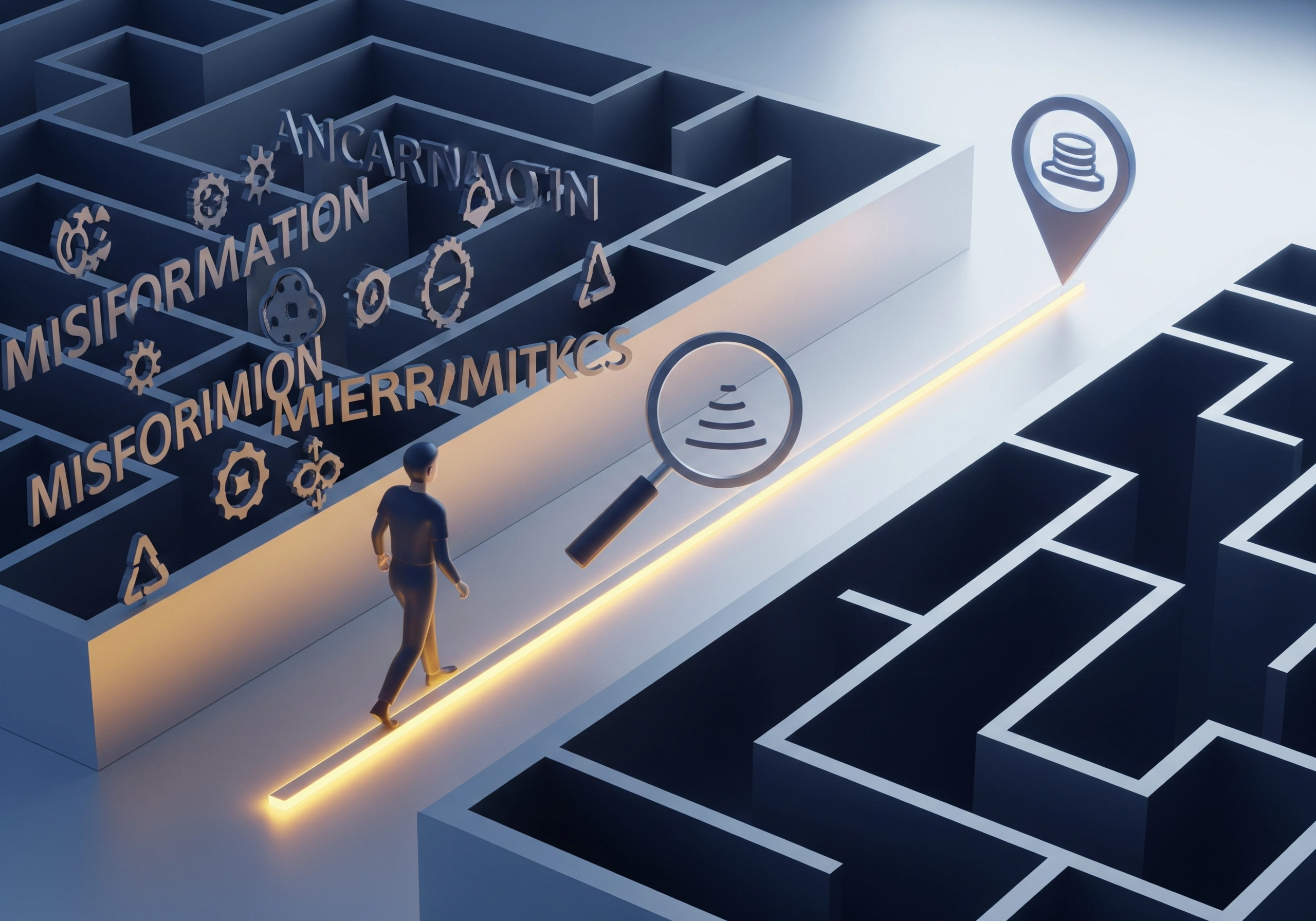 Man walking through maze of misinformation toward truth under a magnifying glass.