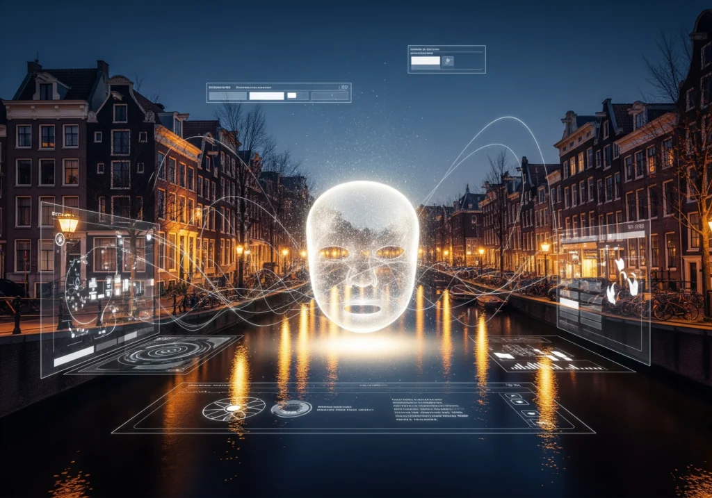 Amsterdam canal with a glowing face and digital interface overlay, representing beauty tech.