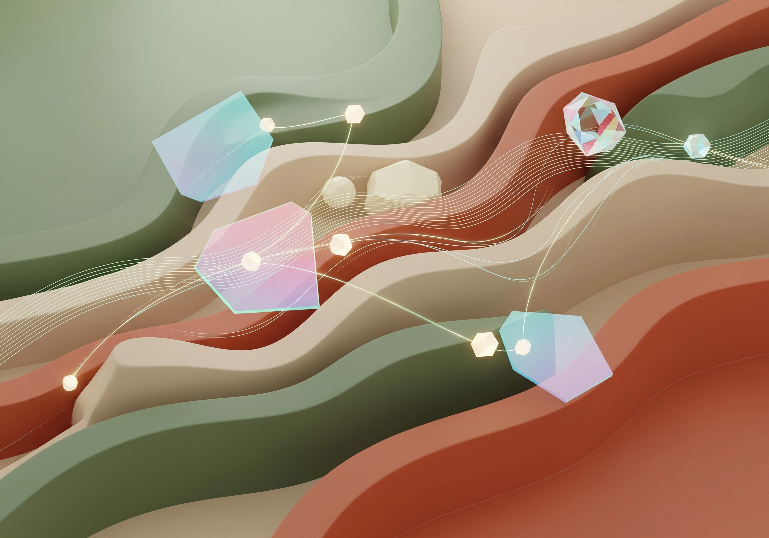 Abstract 3D render of layered organic shapes with geometric crystal accents.