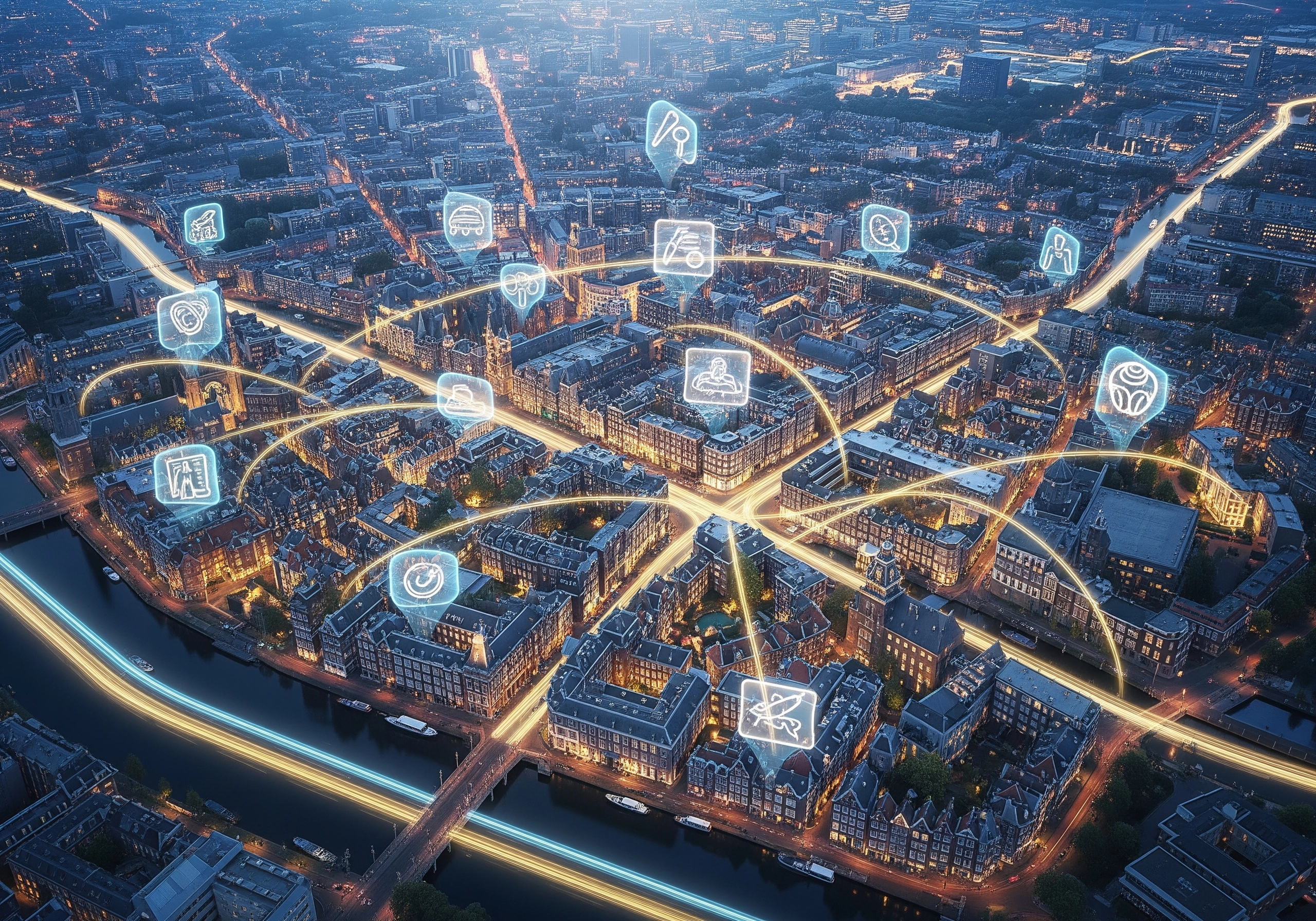 Aerial view of Amsterdam at night with digital network icons over buildings.