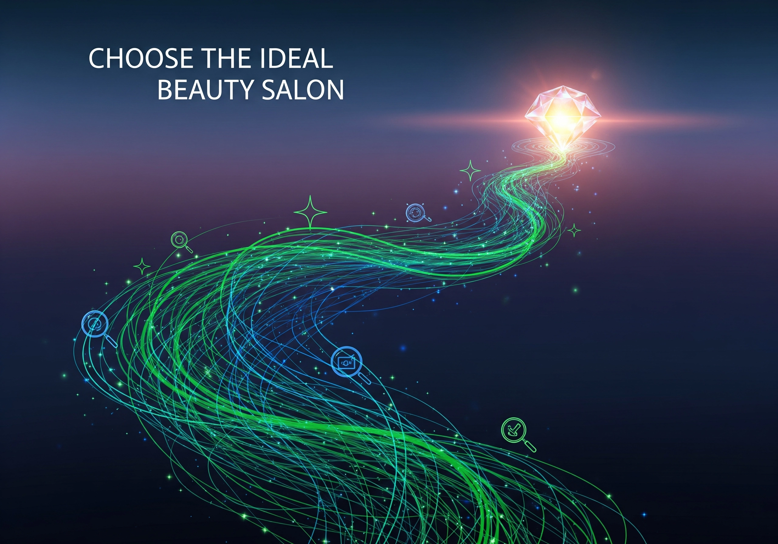 Abstract image: Diamond with green and blue lines, text 'Choose the ideal beauty salon'.