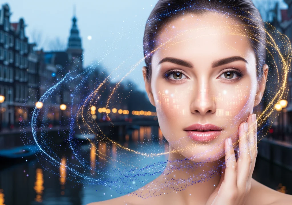Woman's face with carbon peel effect over Amsterdam canals; a popular skin rejuvenation 2026 treatment.