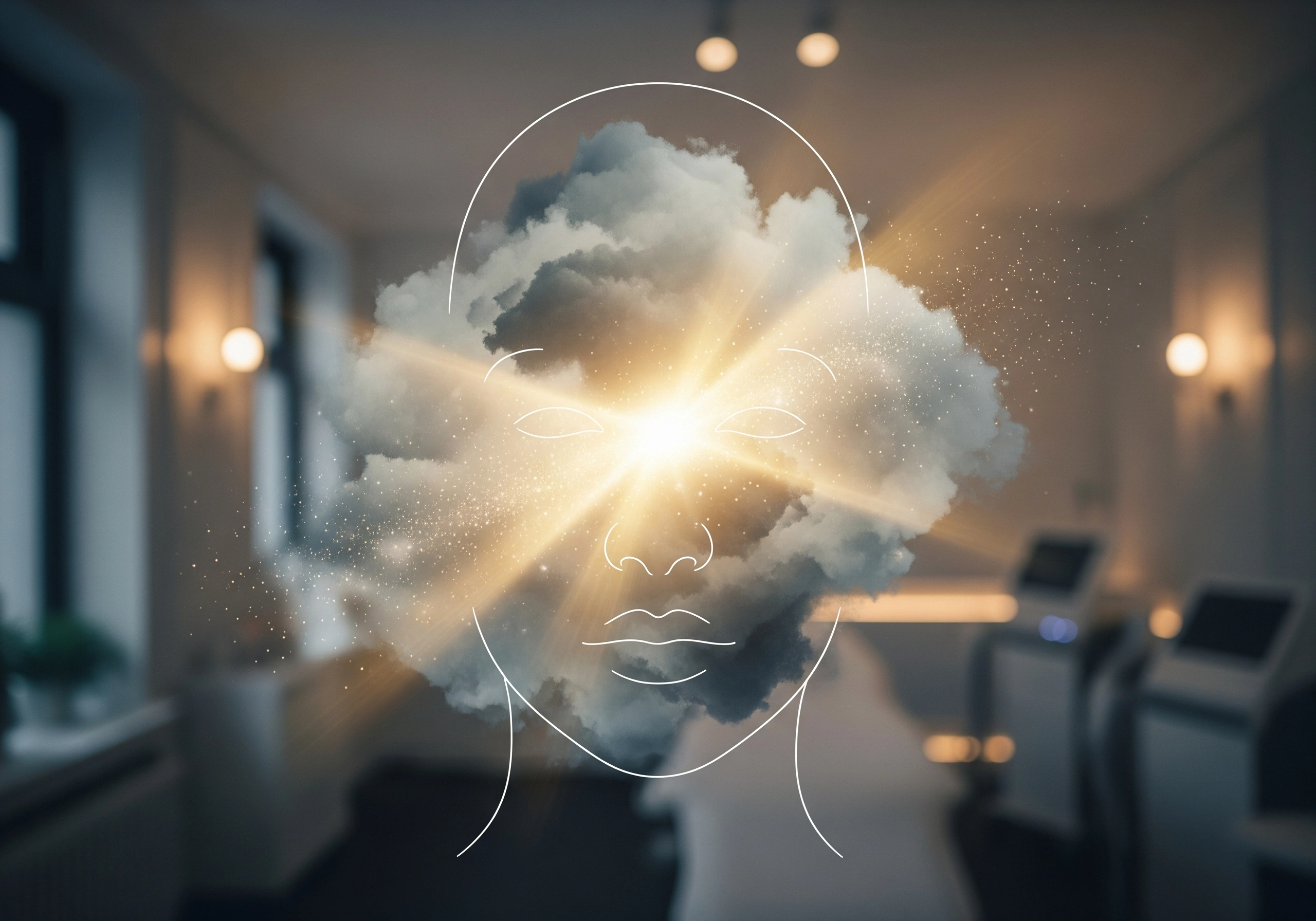 Abstract face outline with cloud and light, representing carbon peel benefits for clear skin solutions.