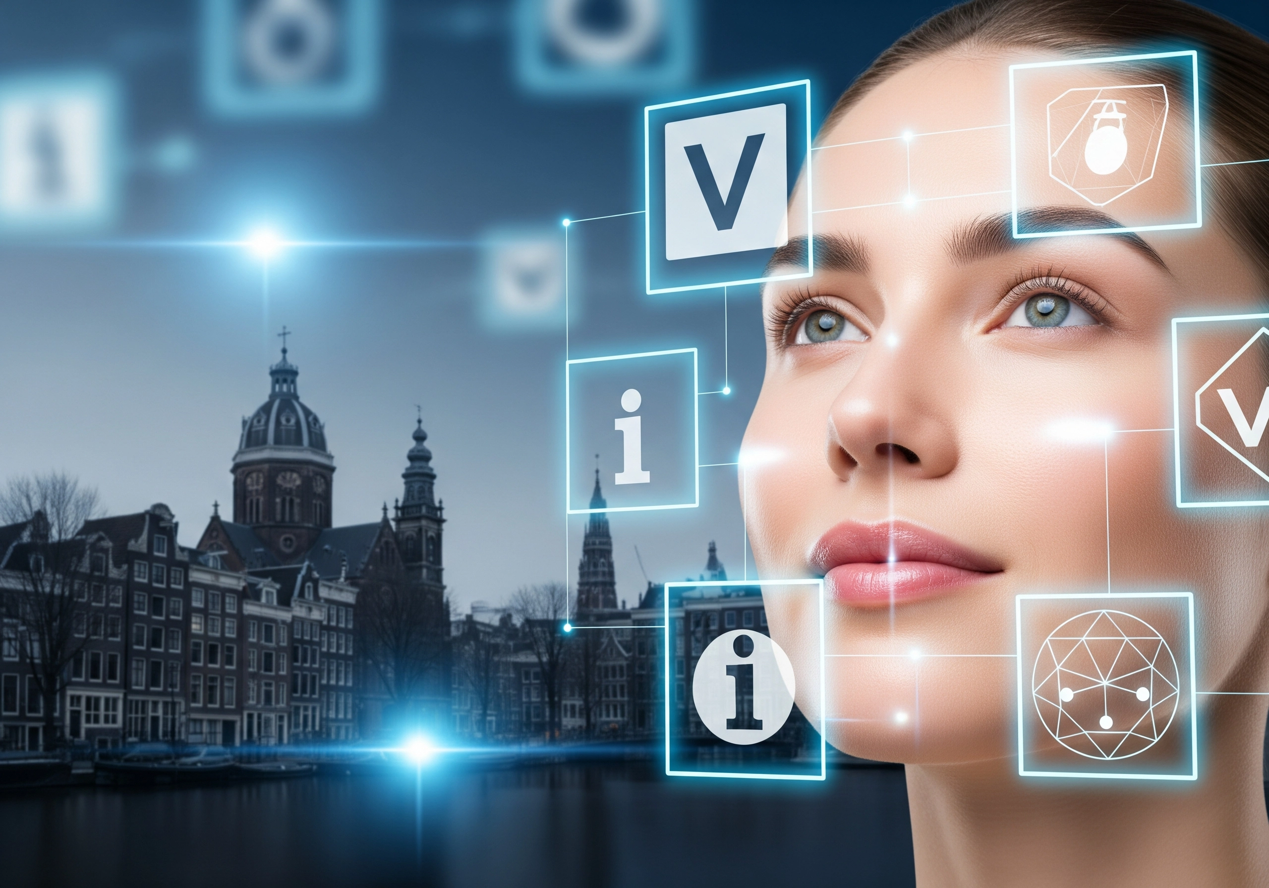 Woman with glowing icons, envisioning clear skin solutions in Amsterdam, 2026.
