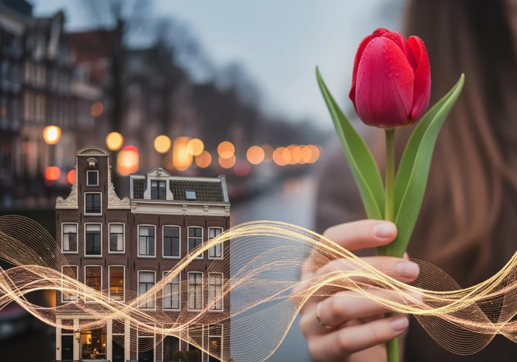 Red tulip held in Amsterdam, Netherlands, with building and light trails.
