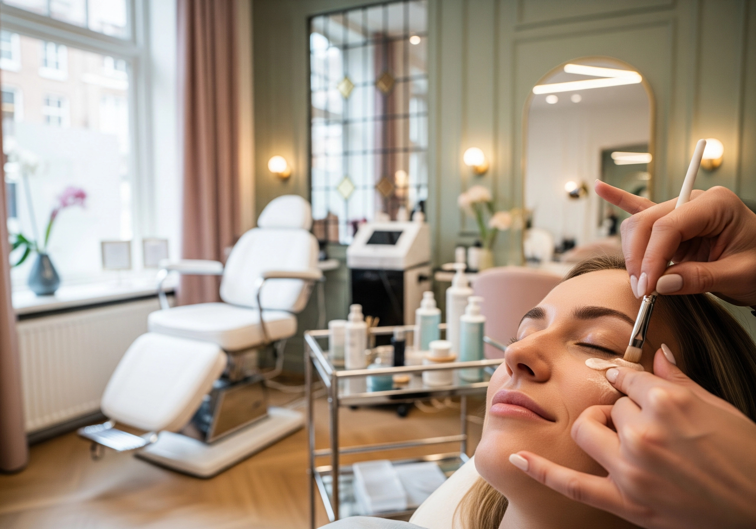 Beautician applying facial treatment at Amsterdam beauty salon to a woman.