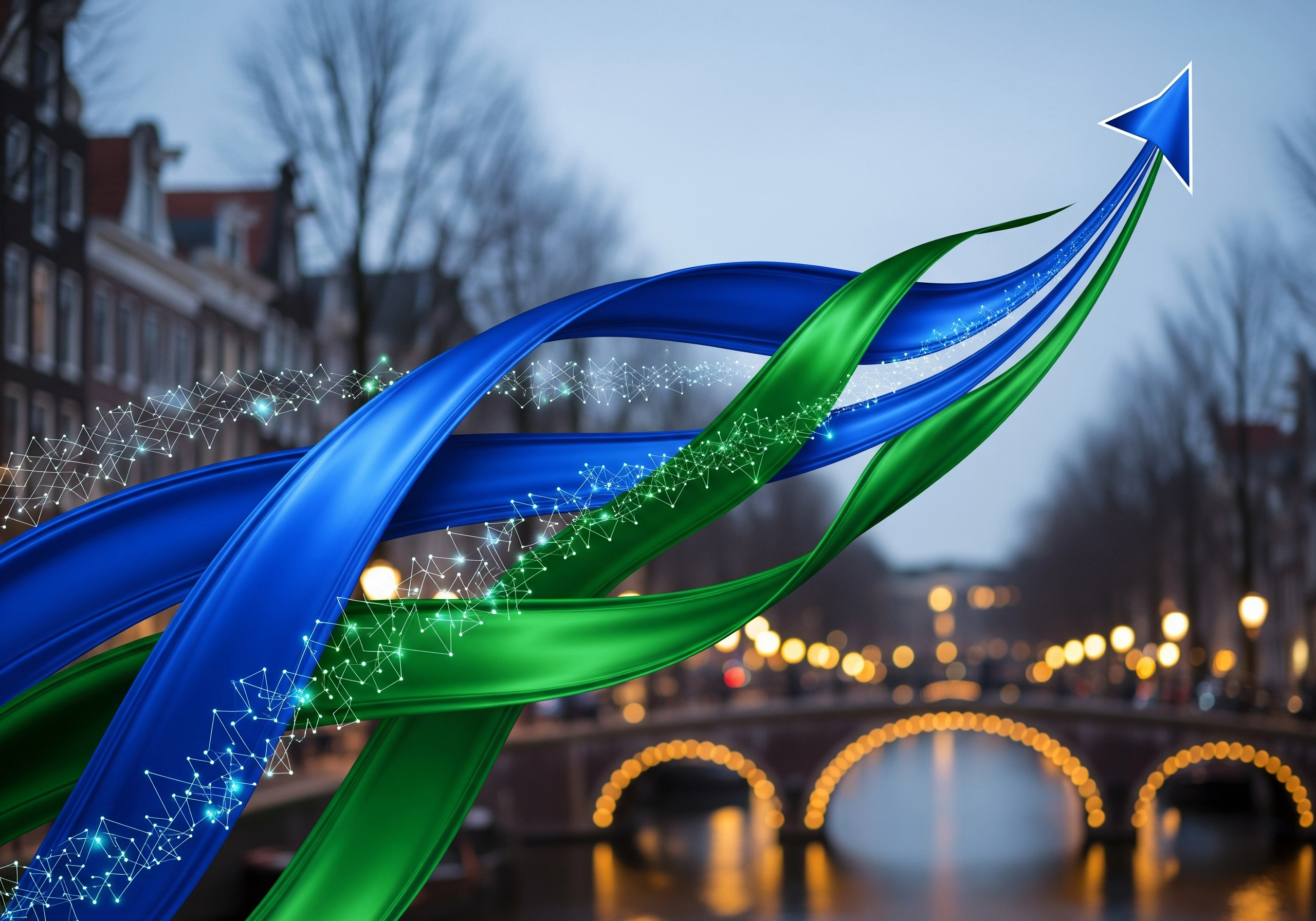 Amsterdam canal with blue and green ribbons pointing upwards.