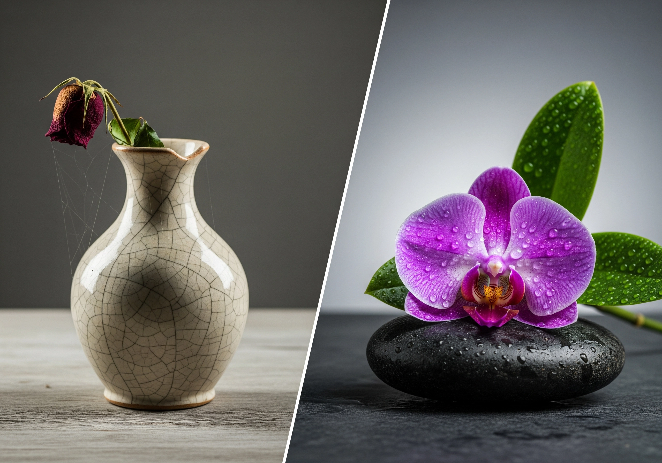 Split image: withered rose in cracked vase and vibrant orchid on black stone.