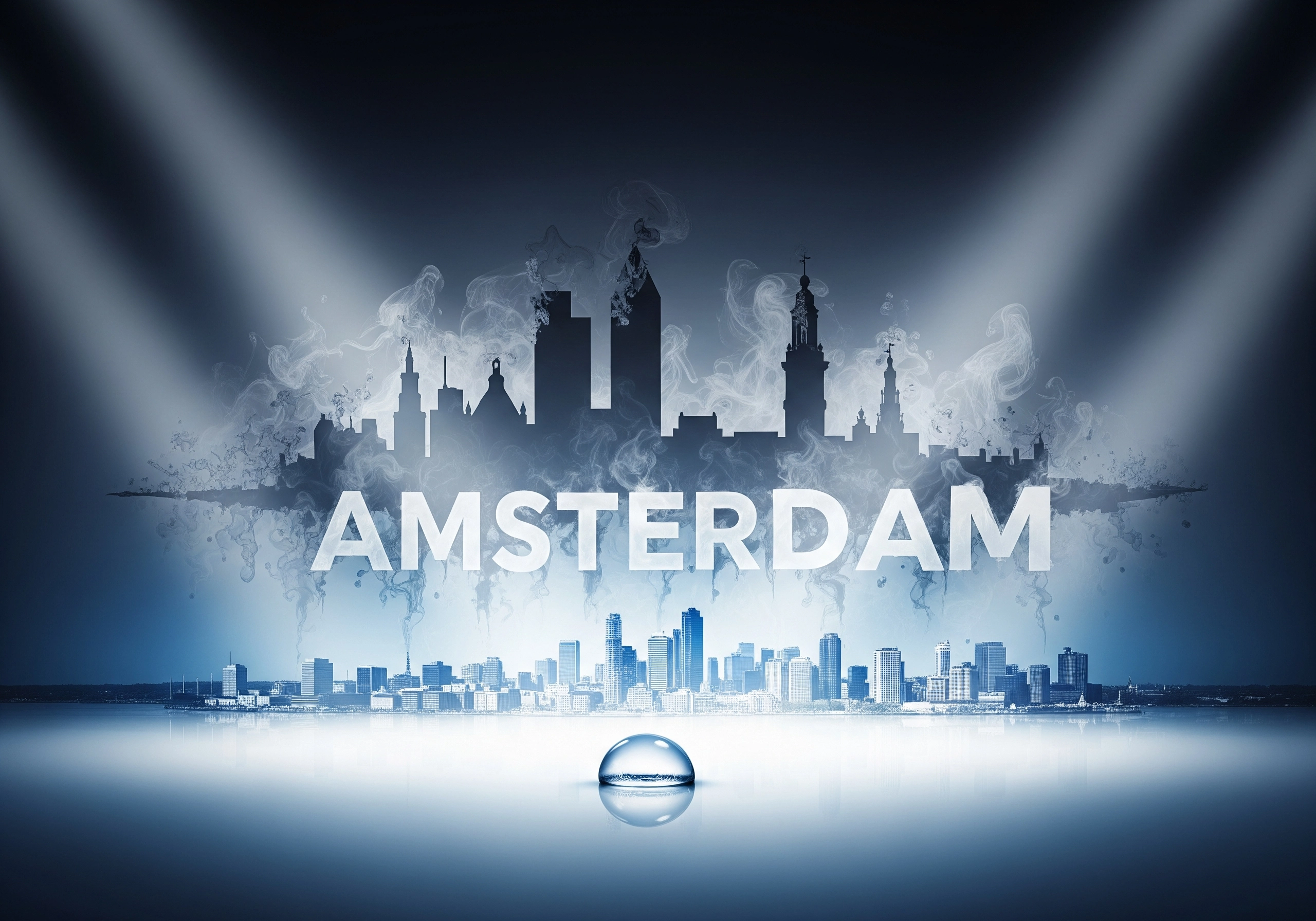 Stylized Amsterdam skyline with city name, representing Amsterdam beauty guide.