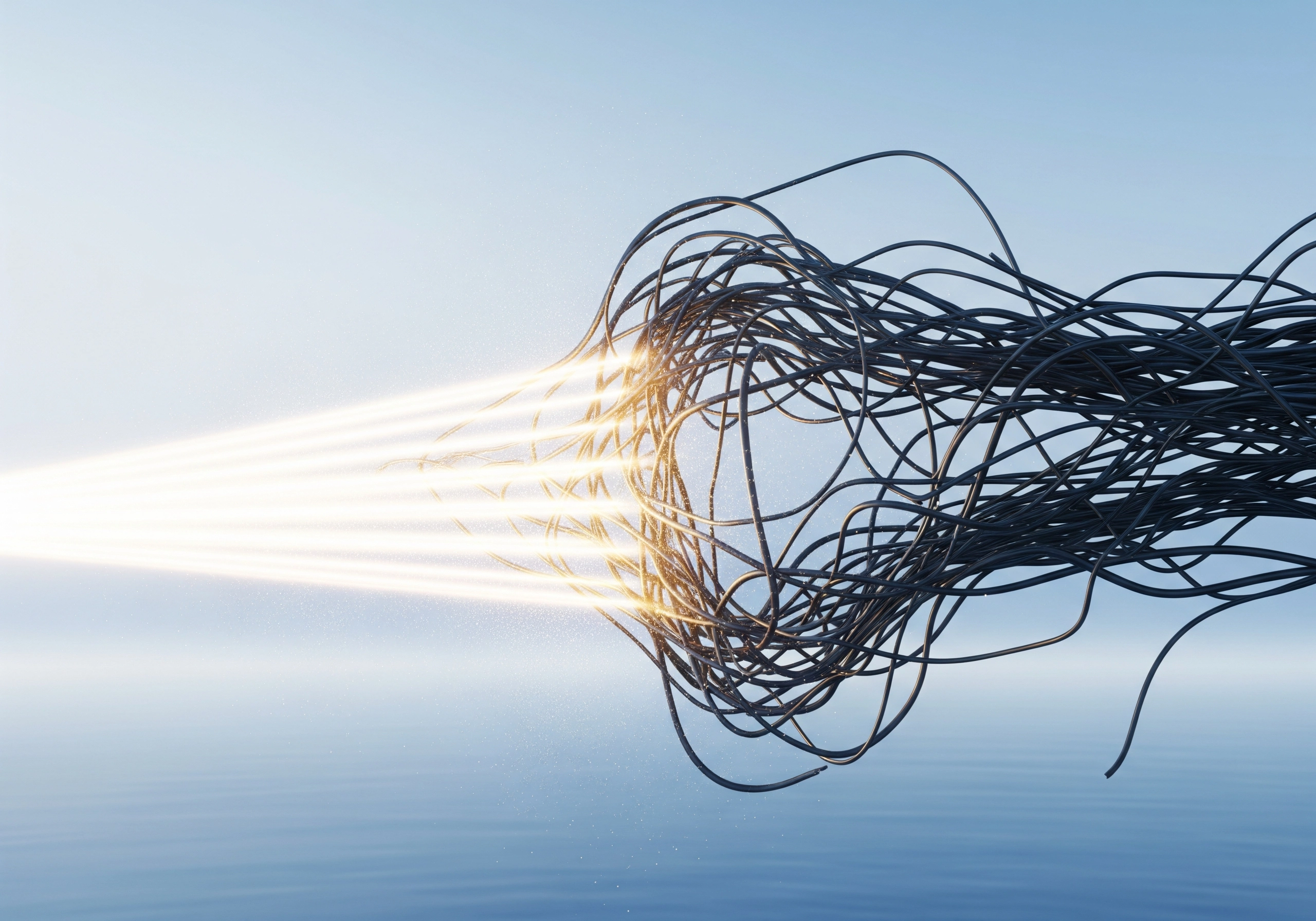 Abstract: Cluster of black wires emitting bright light rays.