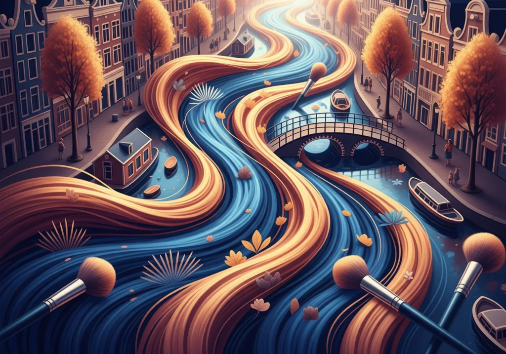 Artistic rendering of Amsterdam canals flowing with hair and makeup brushes.