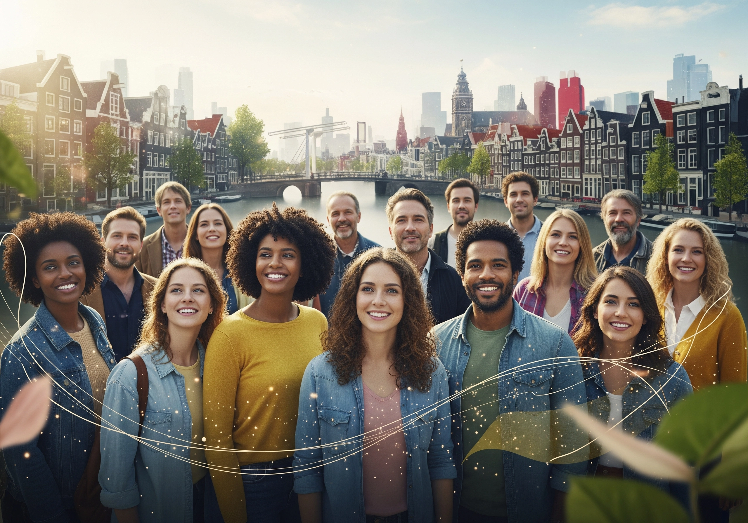 Diverse group of smiling people with Amsterdam canal and buildings in background.