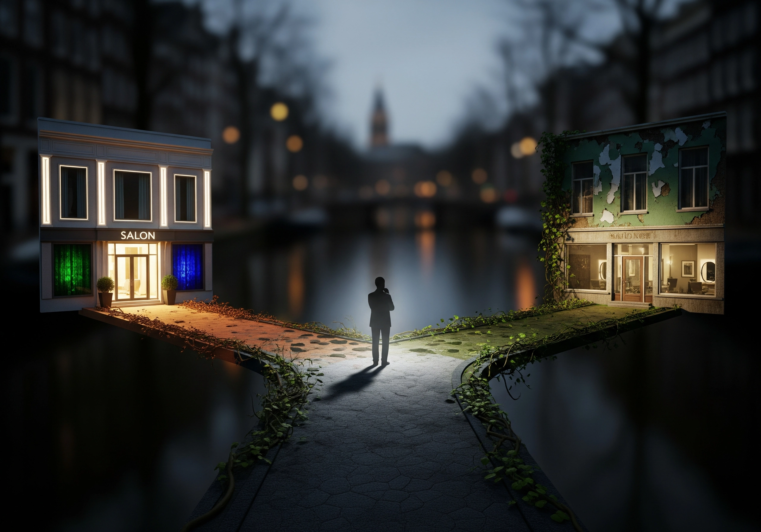 Person choosing between a modern salon and rundown salon in Amsterdam.