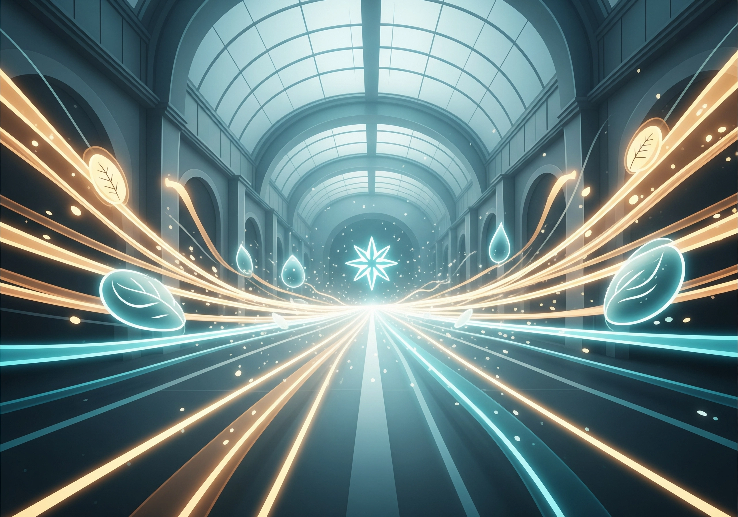 Abstract image of a futuristic building interior with glowing lines and leaves.
