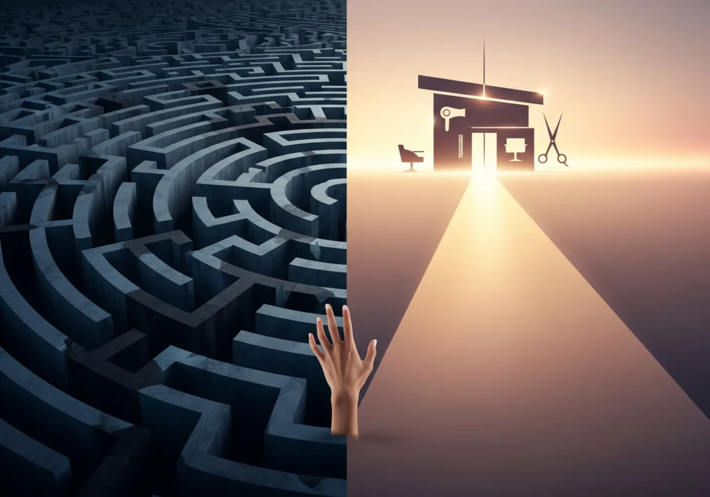 Maze leading to a beauty salon icon, representing the search for a beauty salon in Amsterdam.