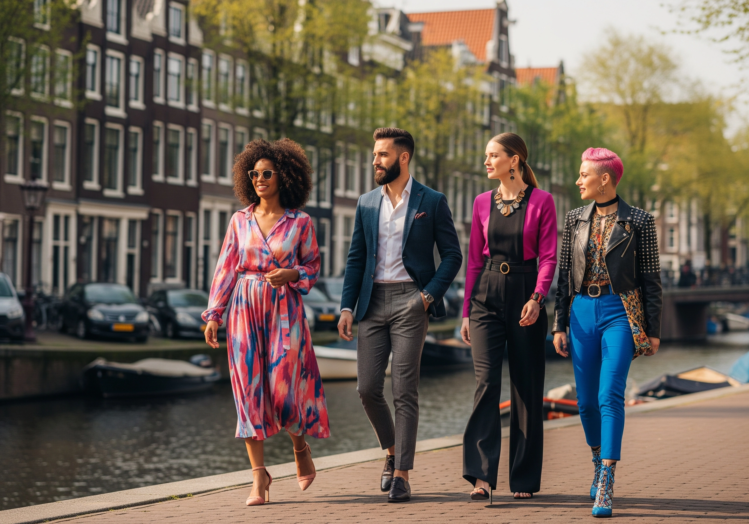 Four stylish people walk alongside an Amsterdam canal; finding a great beautician in Amsterdam.