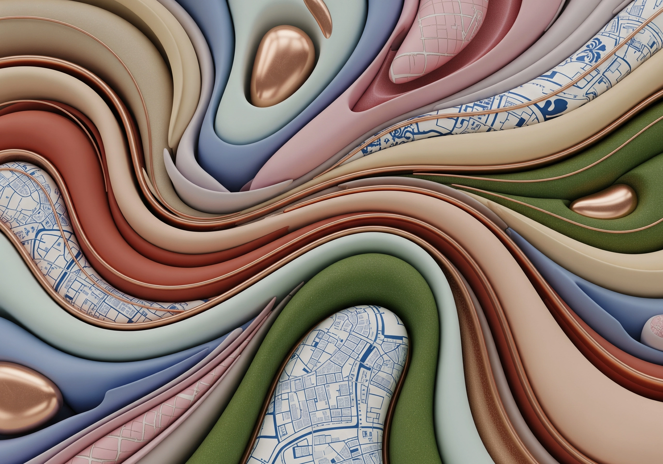 Abstract swirl of pastel colored shapes, with a map-like pattern on some layers.