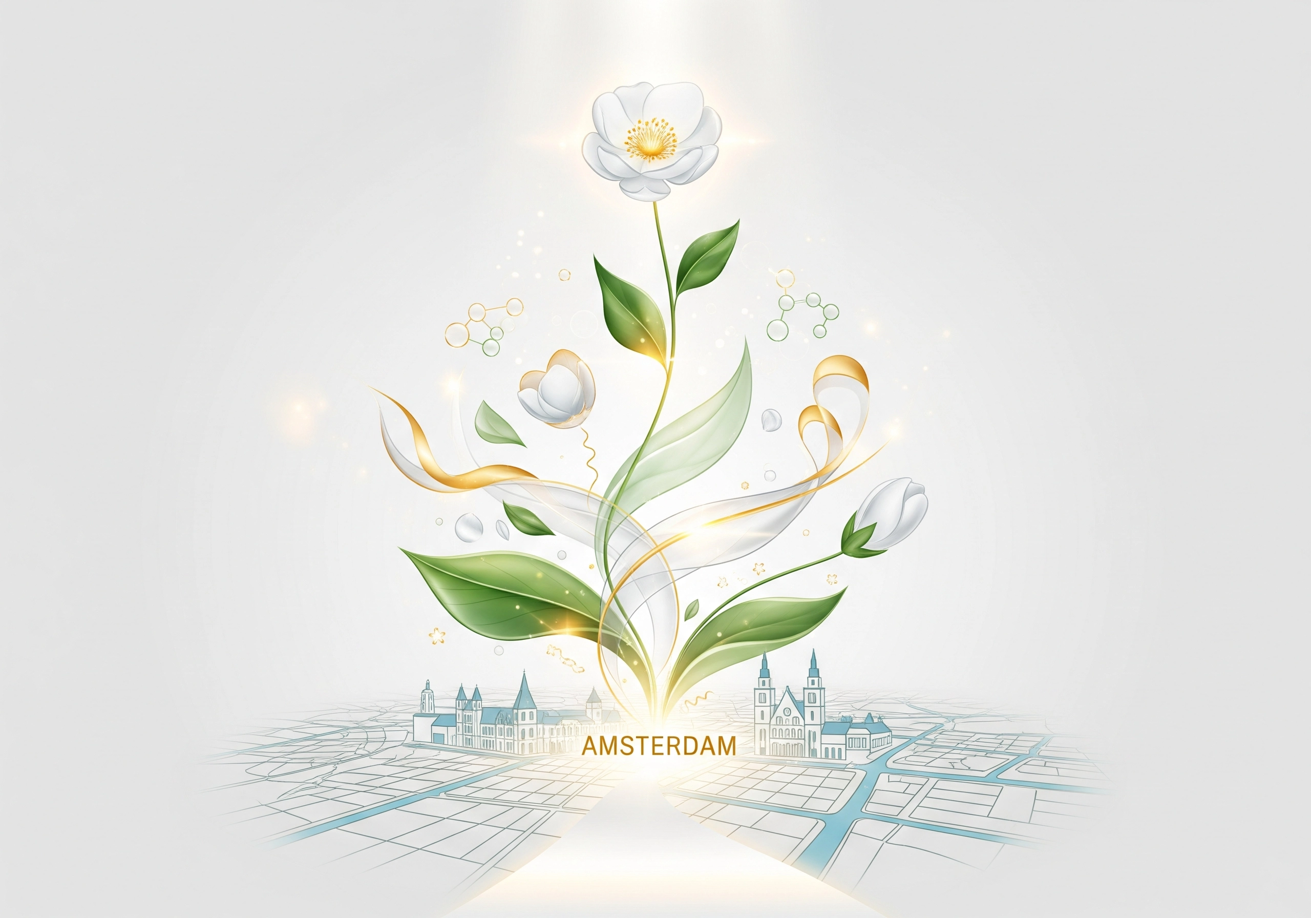 Amsterdam illustration with flower, buildings, and map. Find a beauty salon in Amsterdam.
