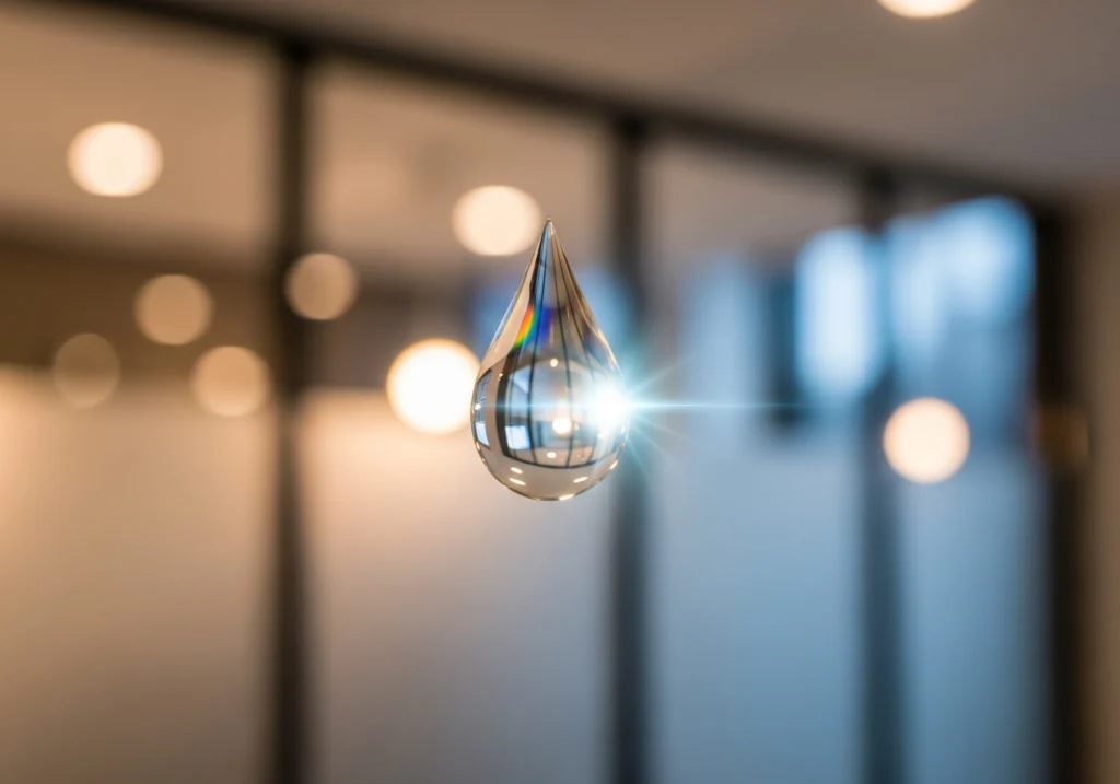 Hanging water droplet reflecting a bright, modern interior.