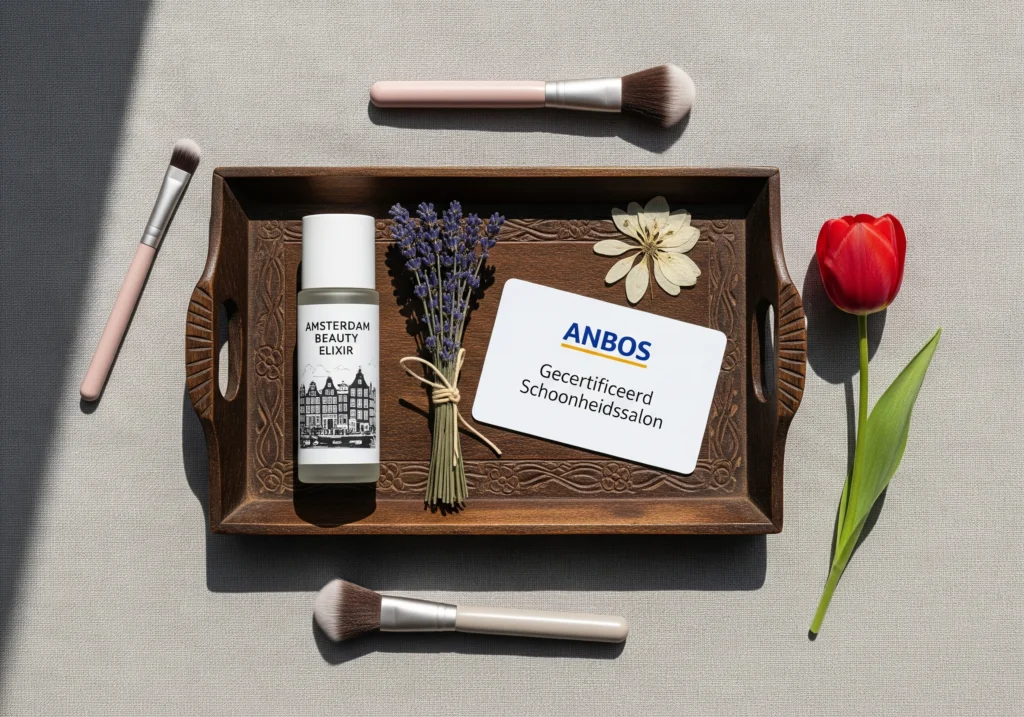 Amsterdam beauty salon products on tray, including ANBOS certified card, brushes, and flowers.