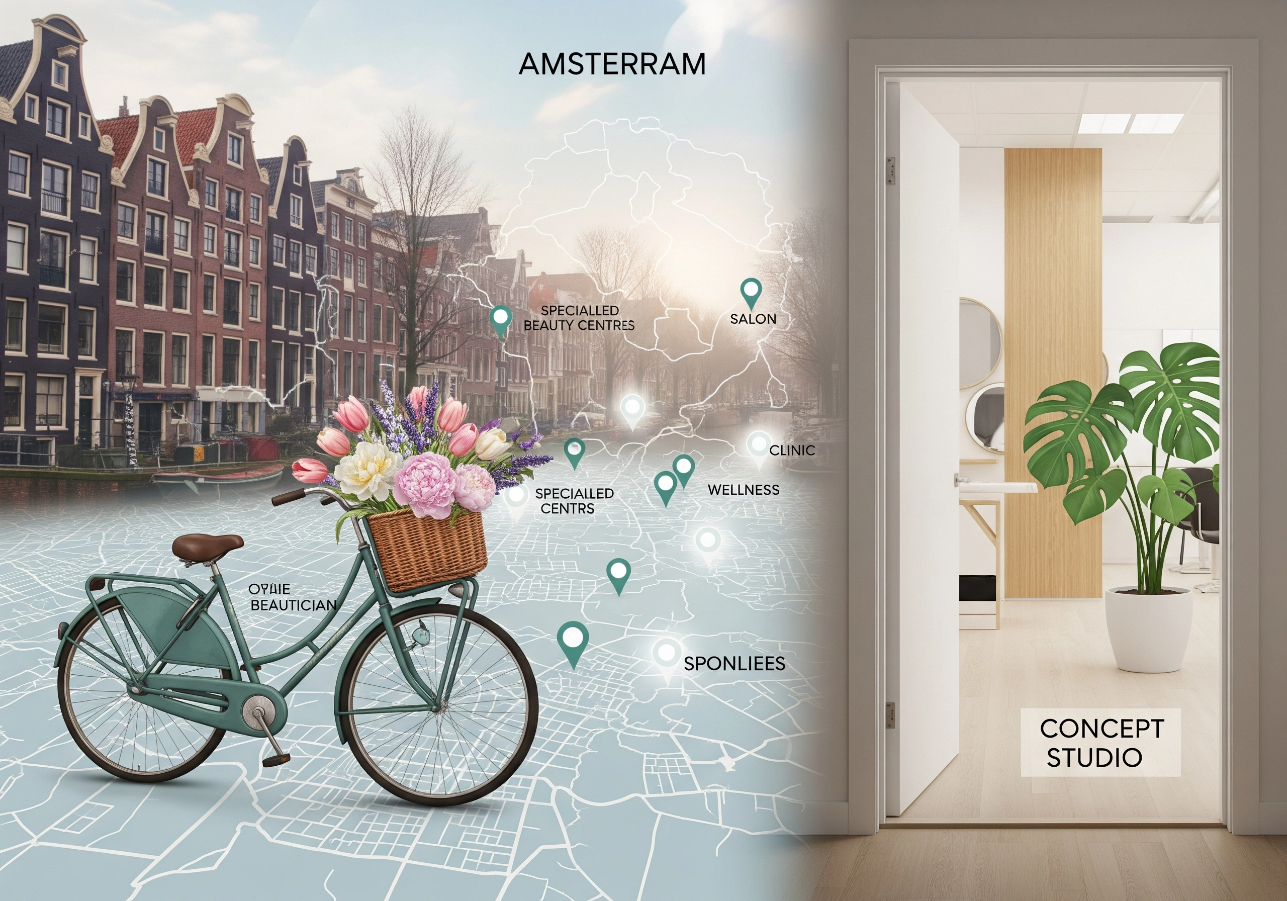 Amsterdam map with beauty centers, beautician, clinic, wellness and salon locations marked.