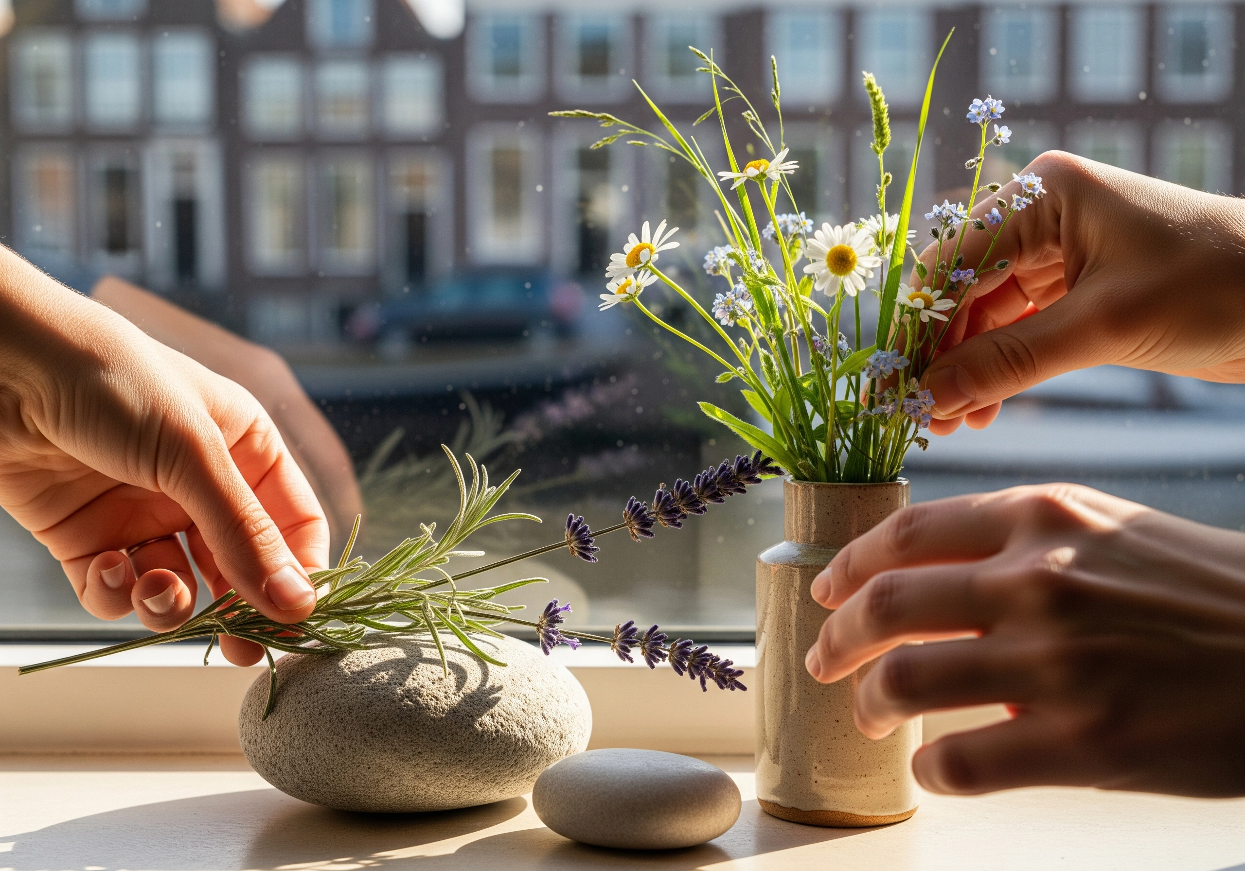 Hands arranging flowers in a vase, near an Amsterdam beauty salon window.