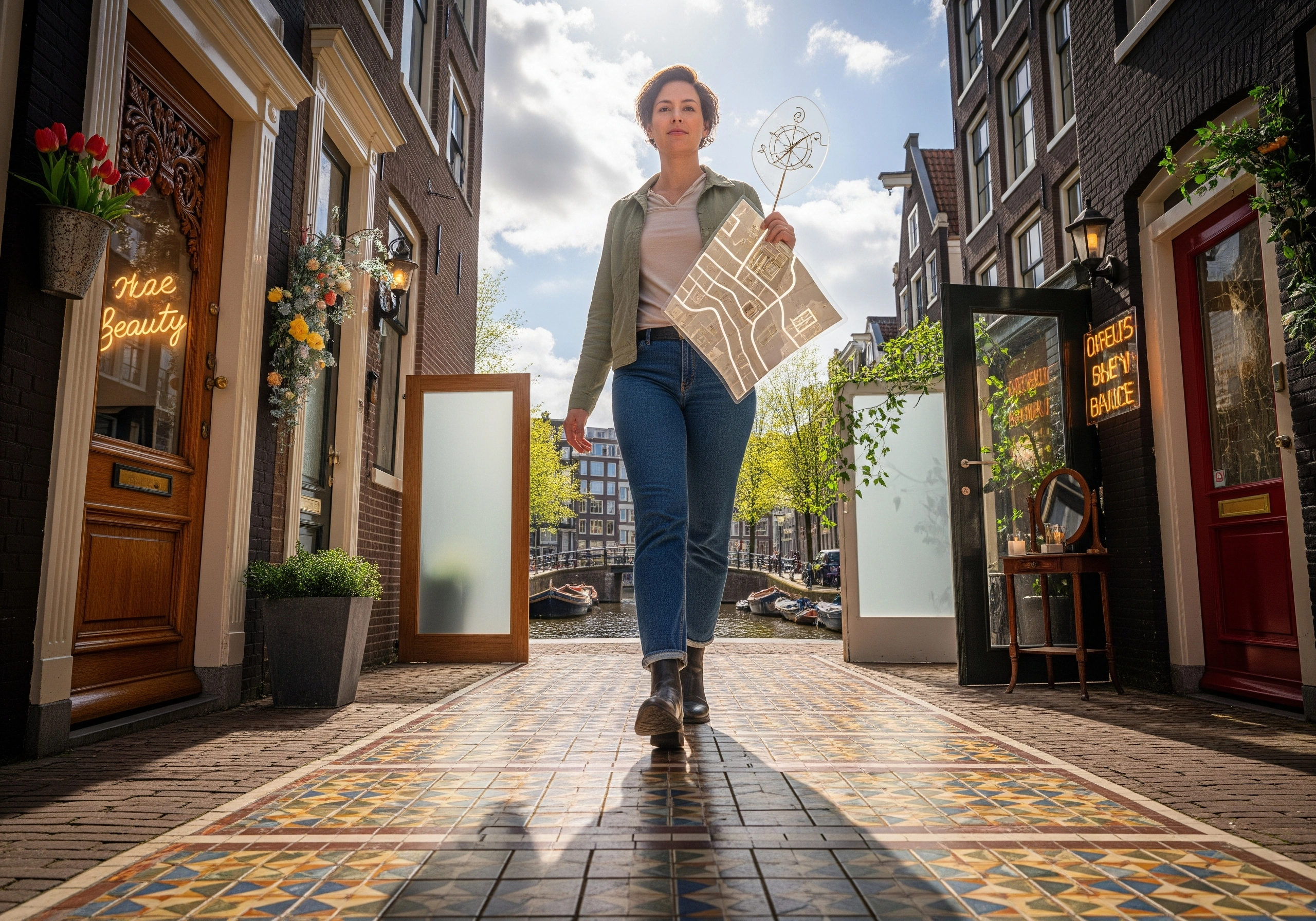 Woman with map walking towards Amsterdam beauty salon on a canal street.