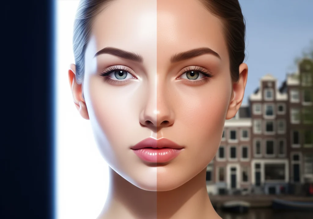 Split image: woman's face, one half fair skin, other tanned; Amsterdam canal houses.