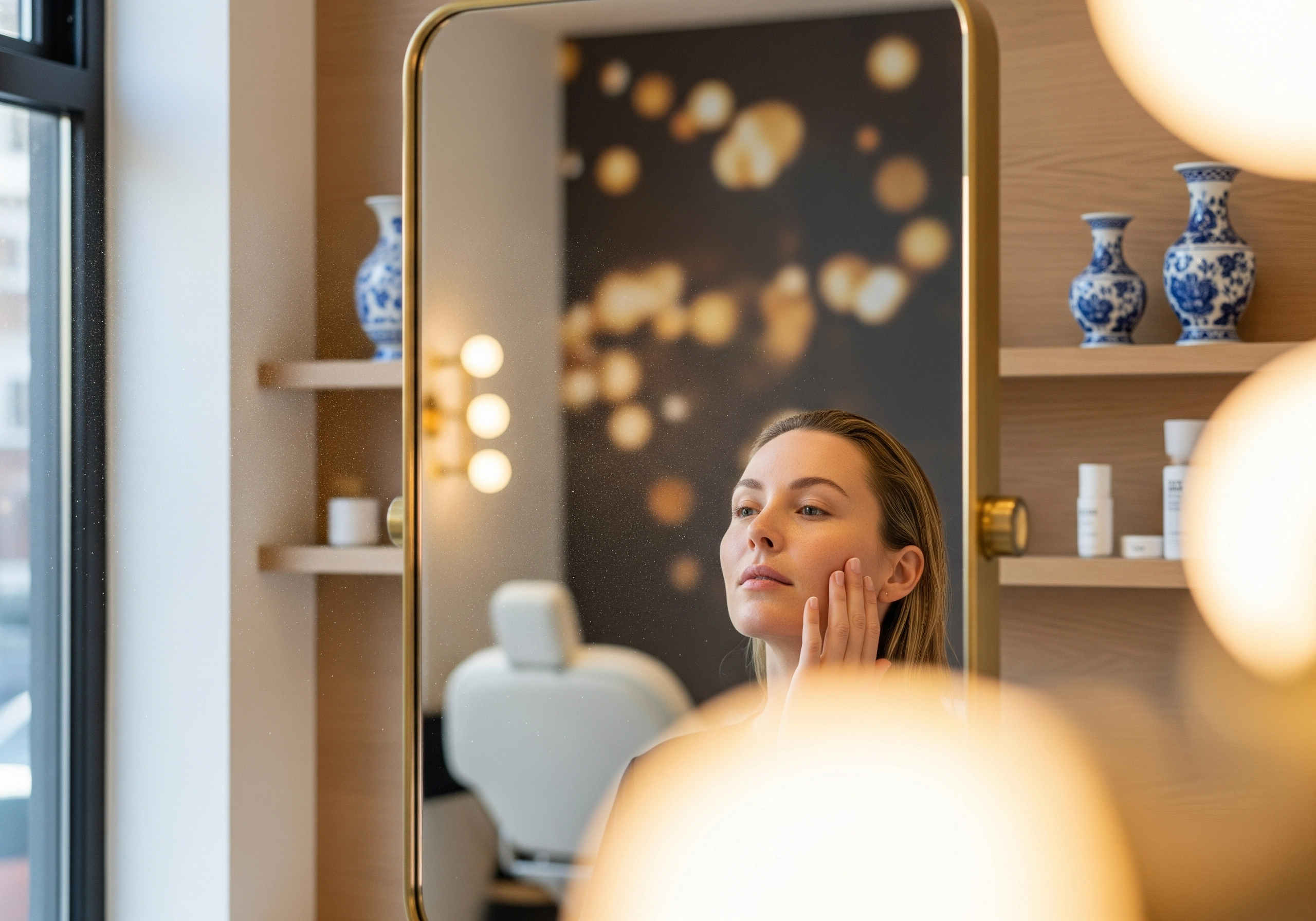 Woman with hand on cheek in Amsterdam skin clinic mirror, considering facial treatment.