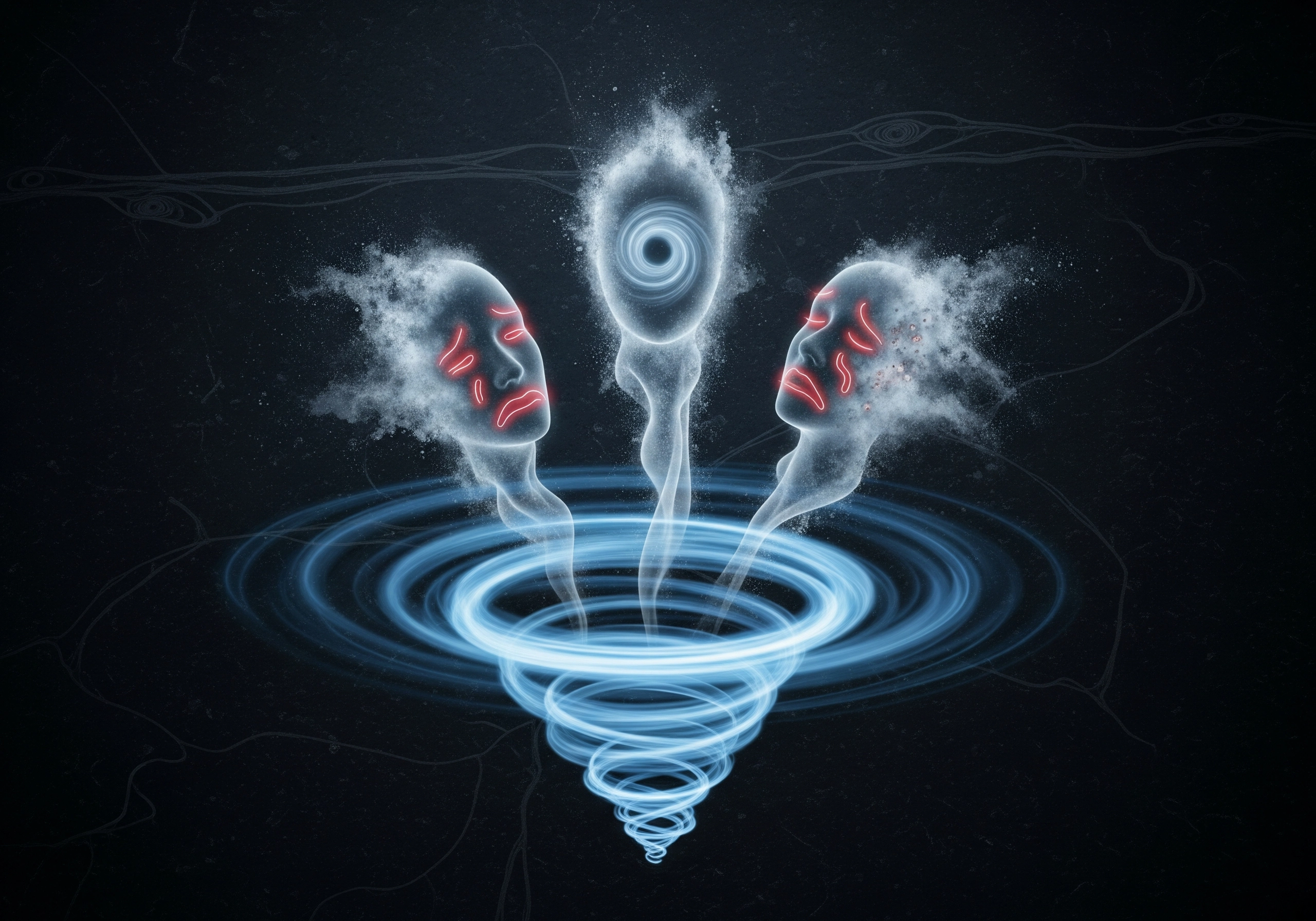 Abstract glowing figures with swirling energy on a dark background.