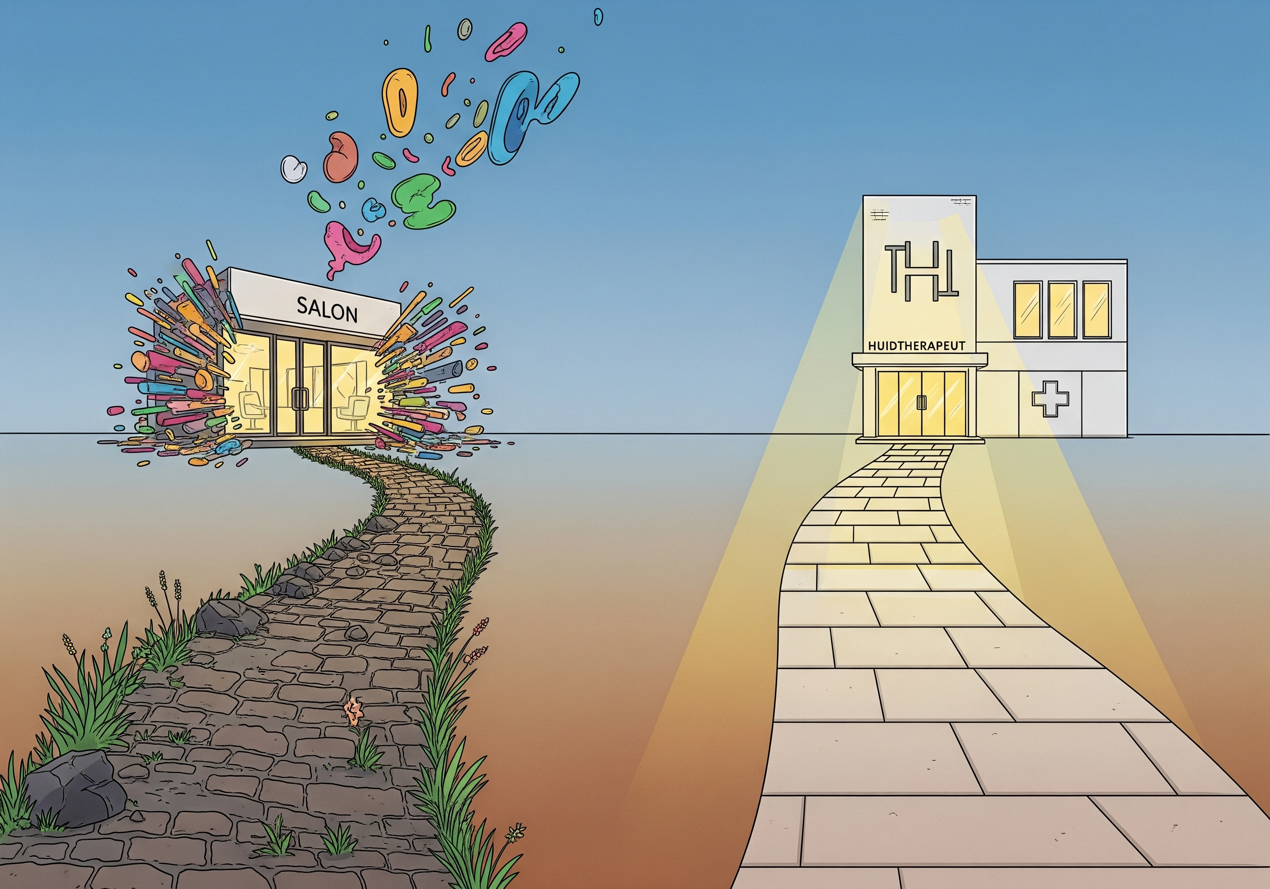 Cartoon: Salon with a chaotic stone path vs. a 'Huidtherapeut' (Skin Therapist) clinic, orderly path.