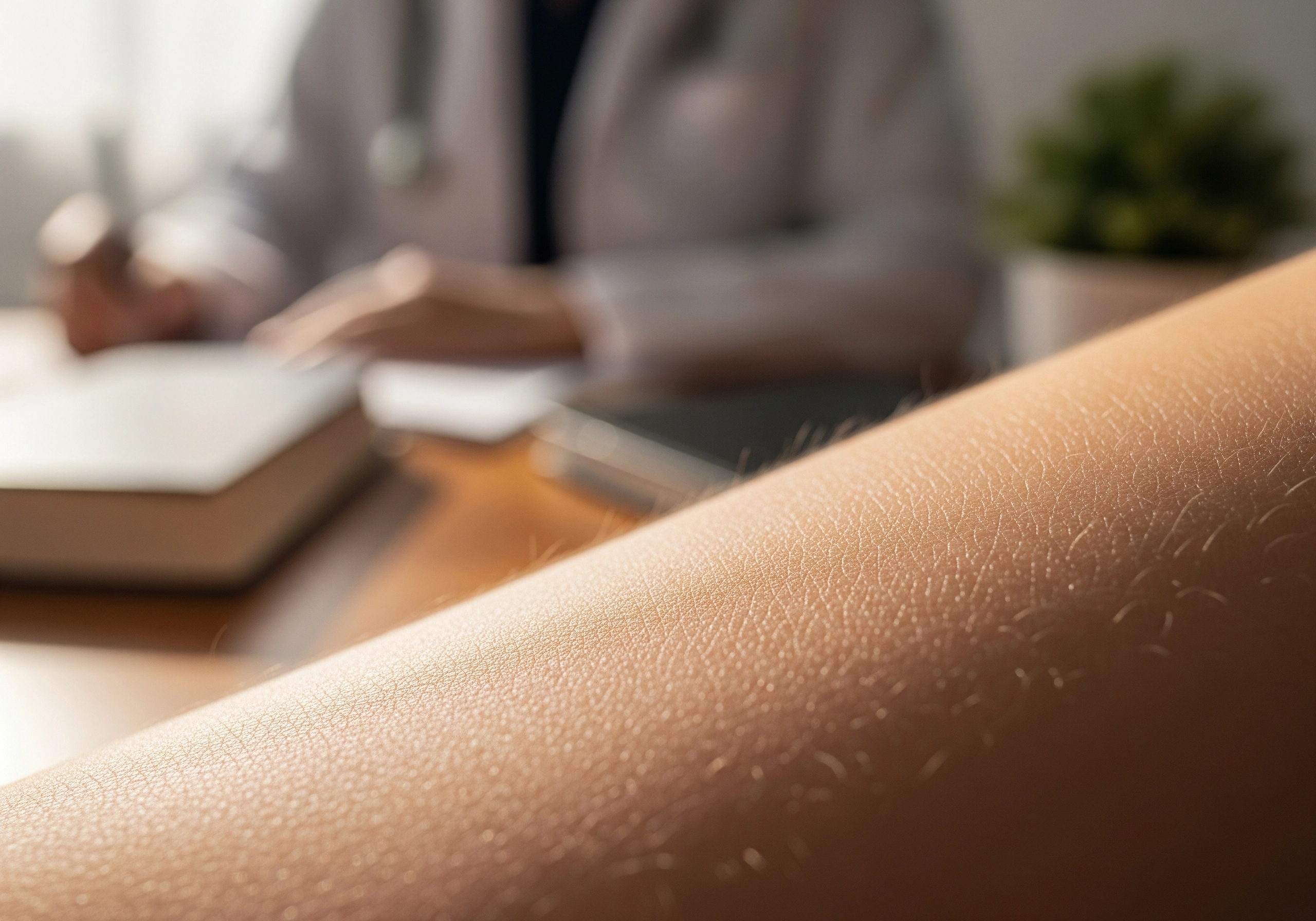 Close-up of skin texture, with a doctor in a white coat in the blurred background at a skin clinic Amsterdam.