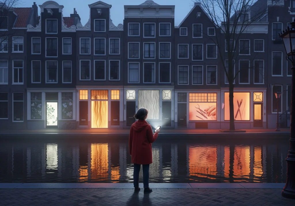 Woman uses phone near Amsterdam canal beauty salons at night.