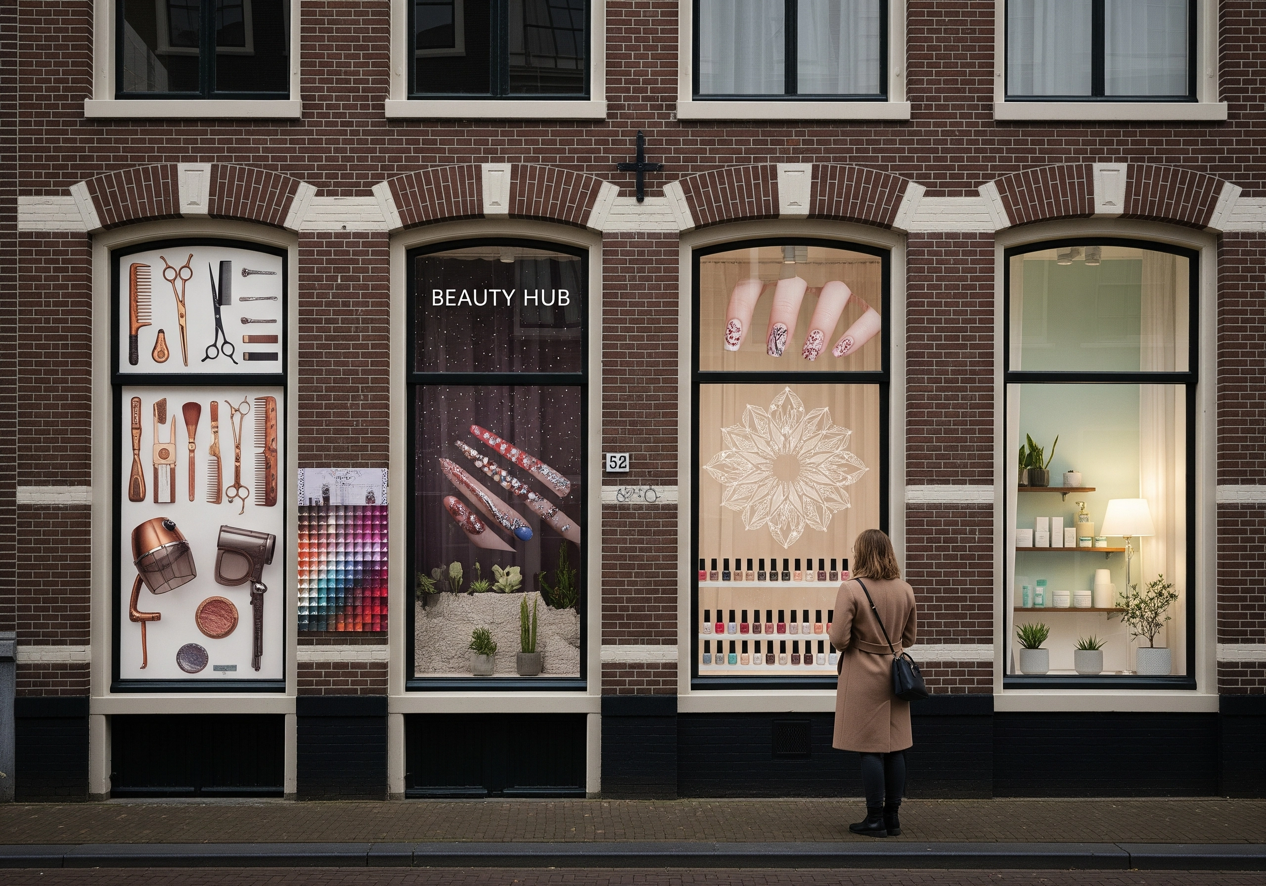 Woman views Amsterdam beauty salon windows with nail and hair displays.