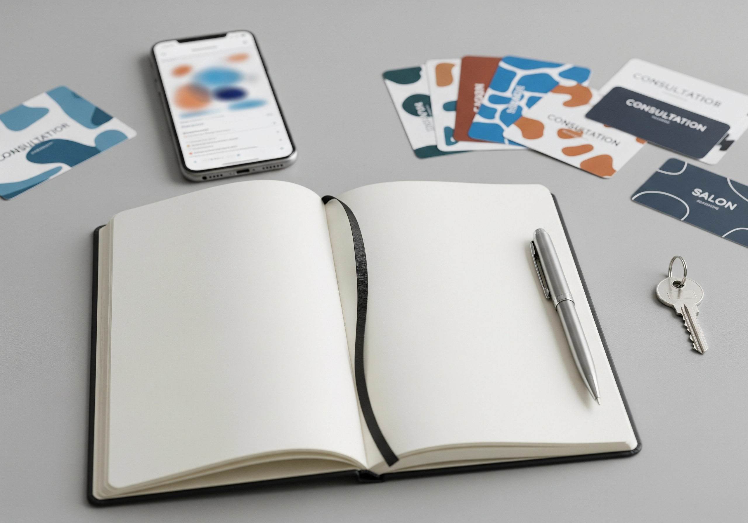 Open notebook, pen, consultation cards, phone, and salon key.