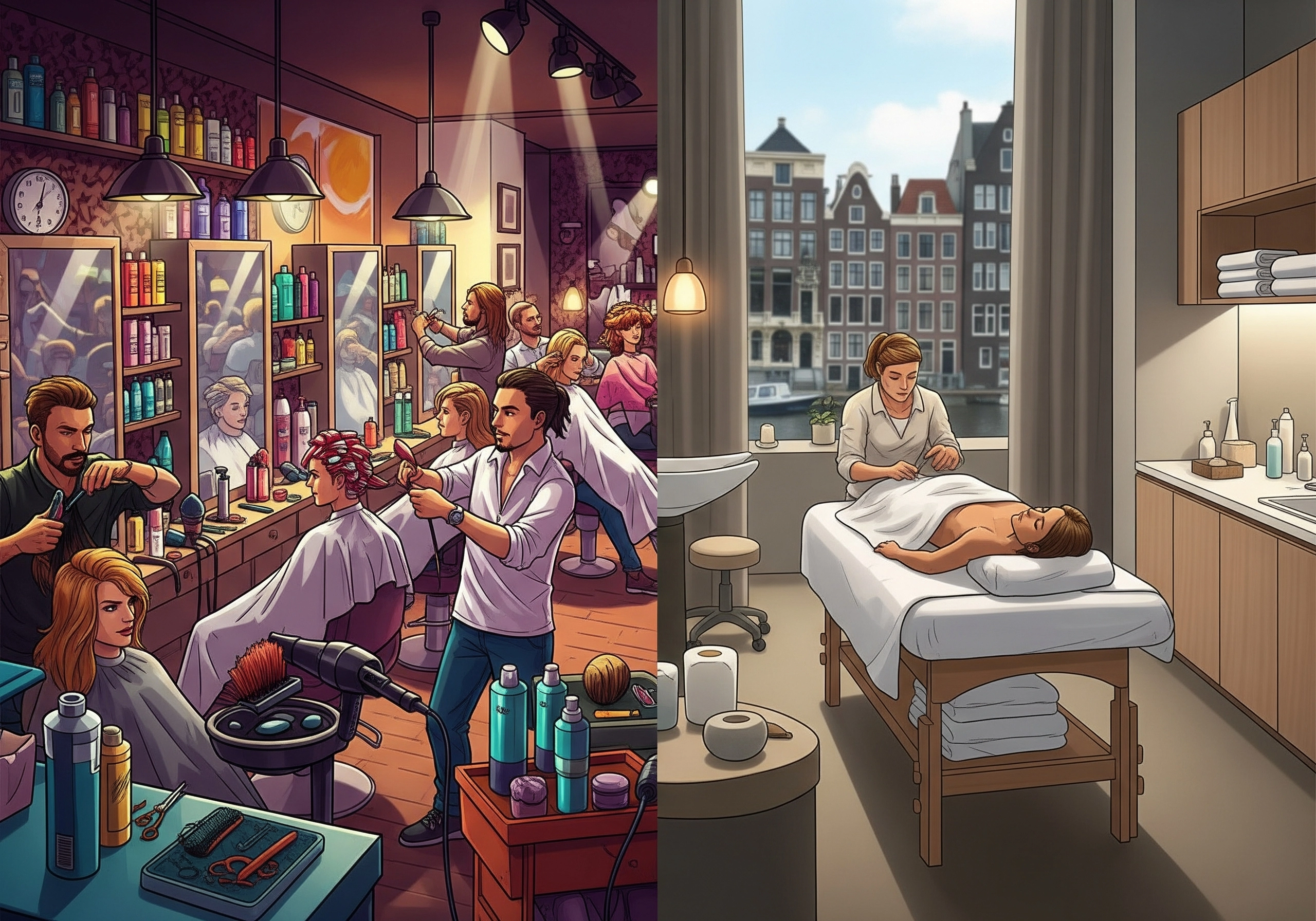 Amsterdam beauty salon showcasing a busy hair salon and spa treatment room.