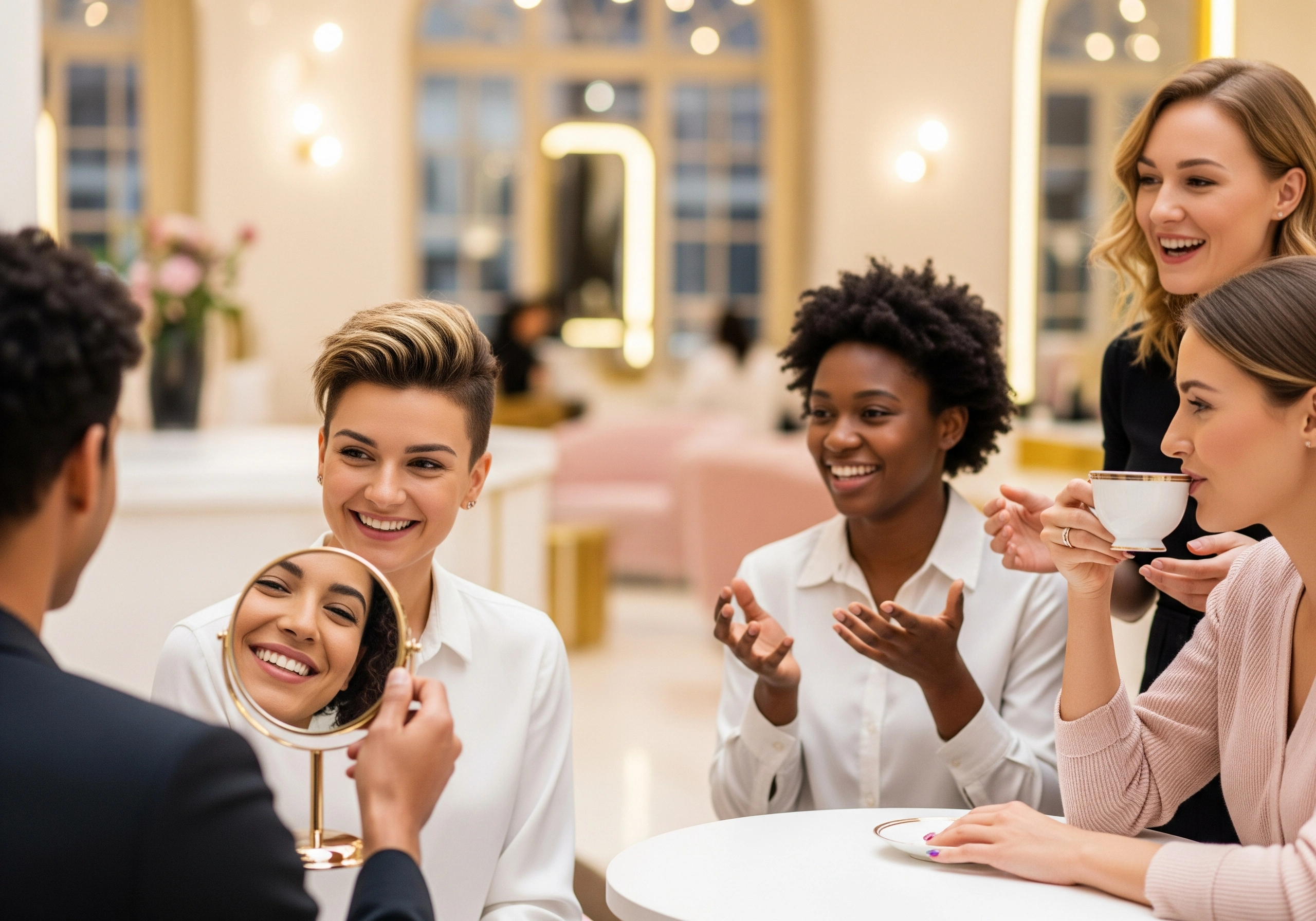 Smiling clients in an Amsterdam beauty salon, one admiring their new hairstyle.