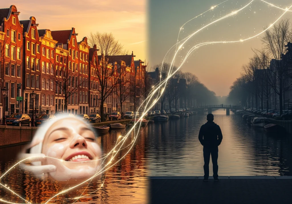 Amsterdam canal view split with carbon peel facial, representing carbon peel facts.