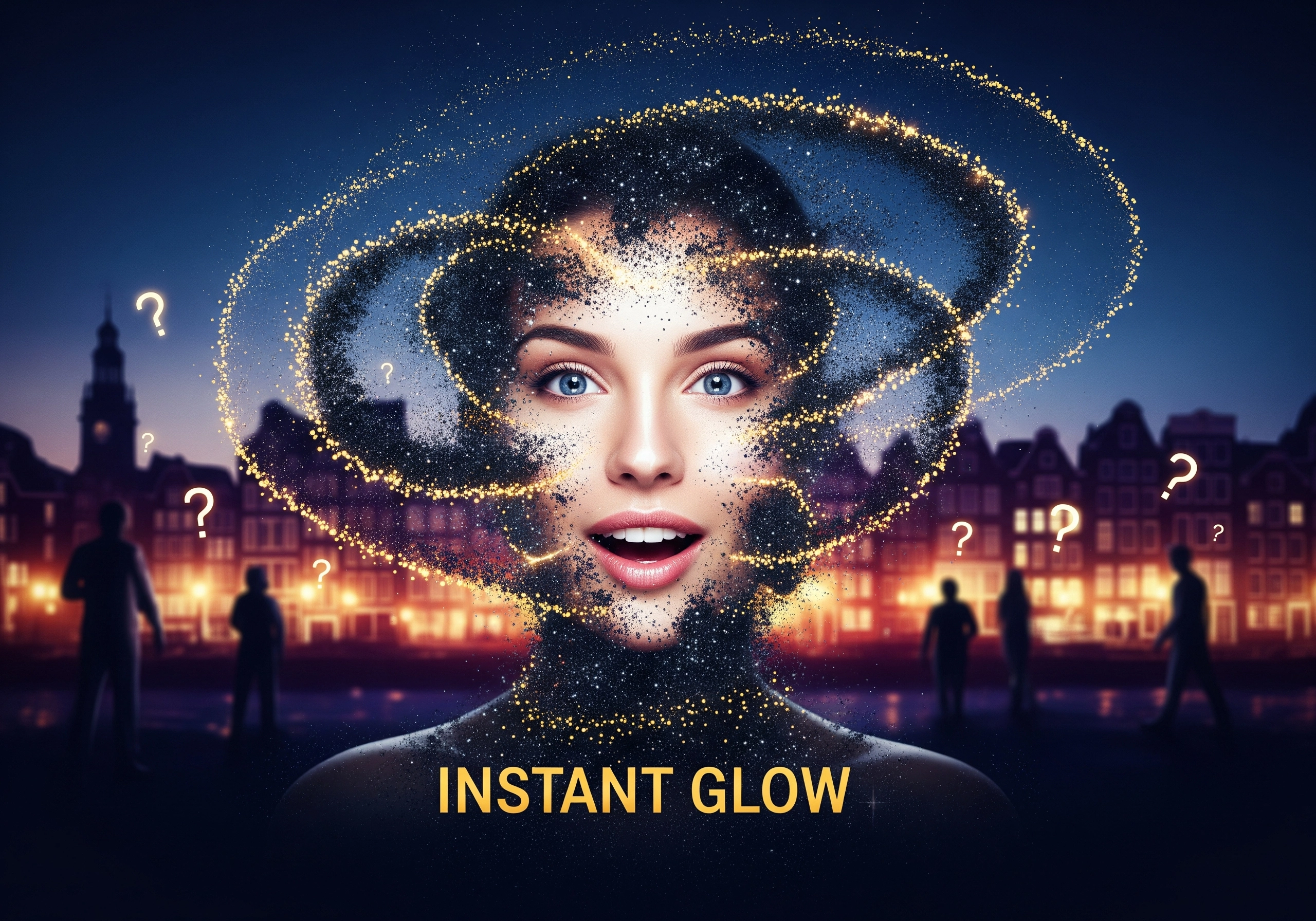 Woman with glowing particles, 'Instant Glow' text, questioning carbon peeling results.