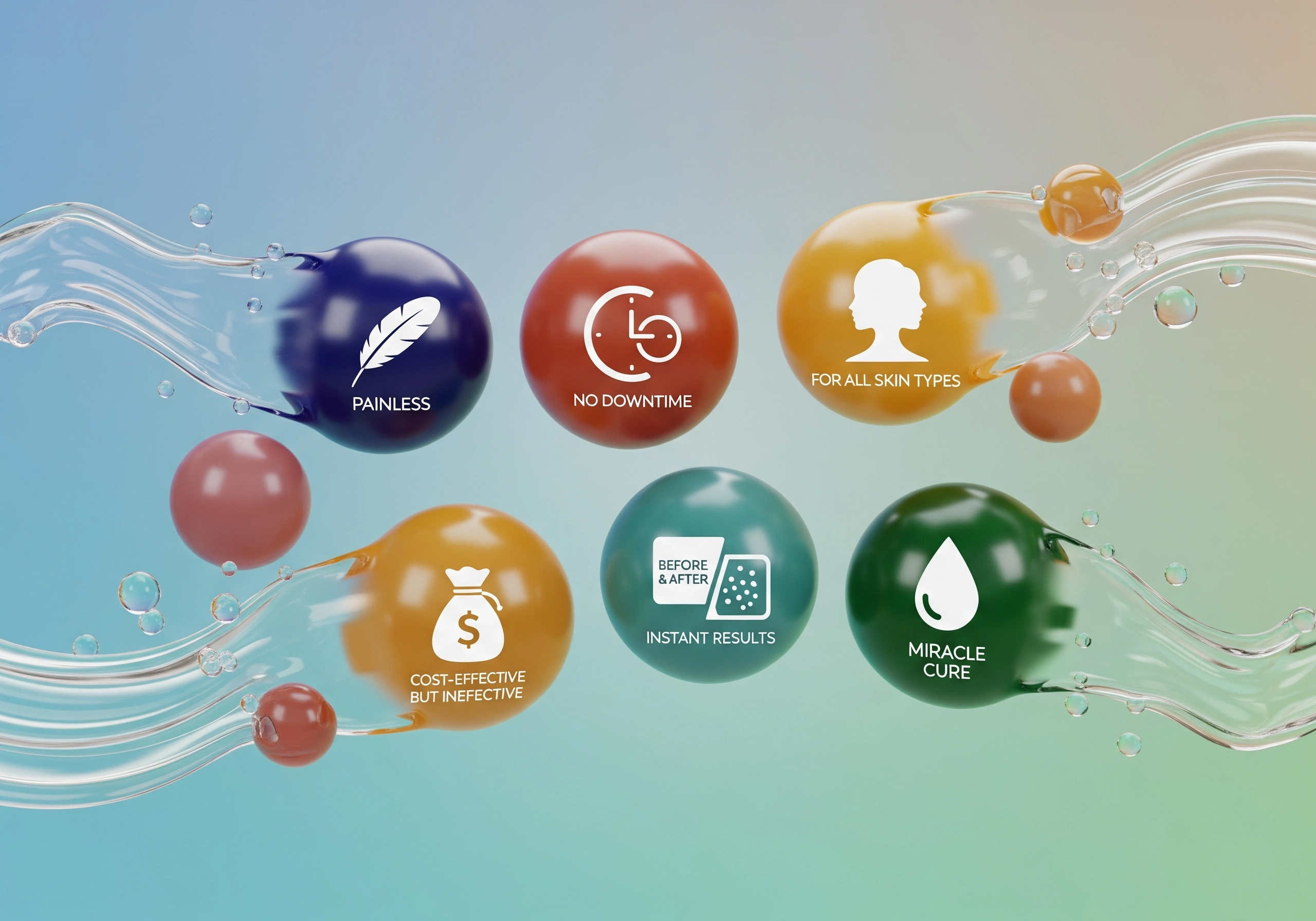 Floating spheres show carbon peel myths debunked: painless, instant results.